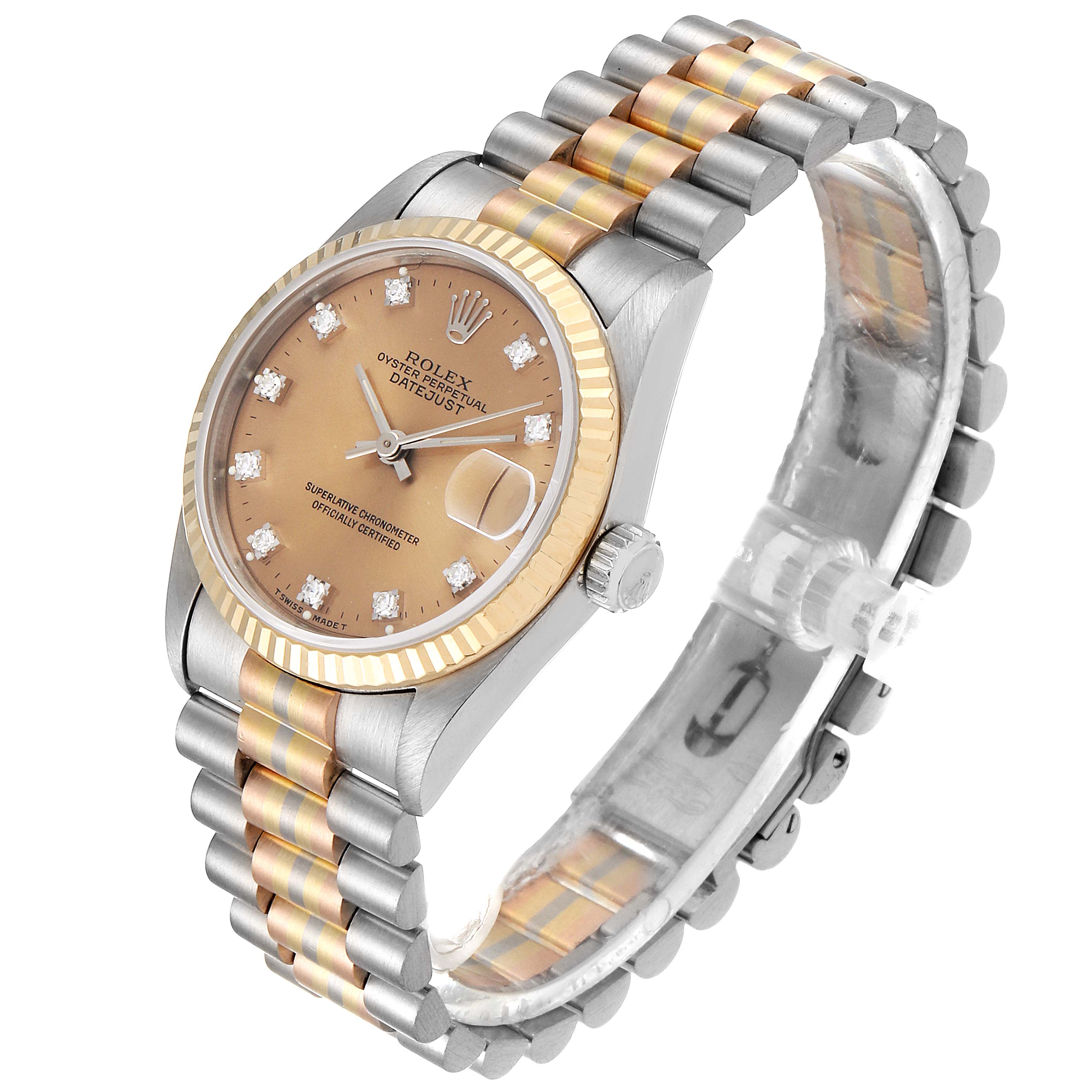 The image shows a Rolex President 68279 Women's White Gold Brown Dial 68279 Women's White Gold Brown Dial watch at an angle showcasing the face, bracelet, and side crown.