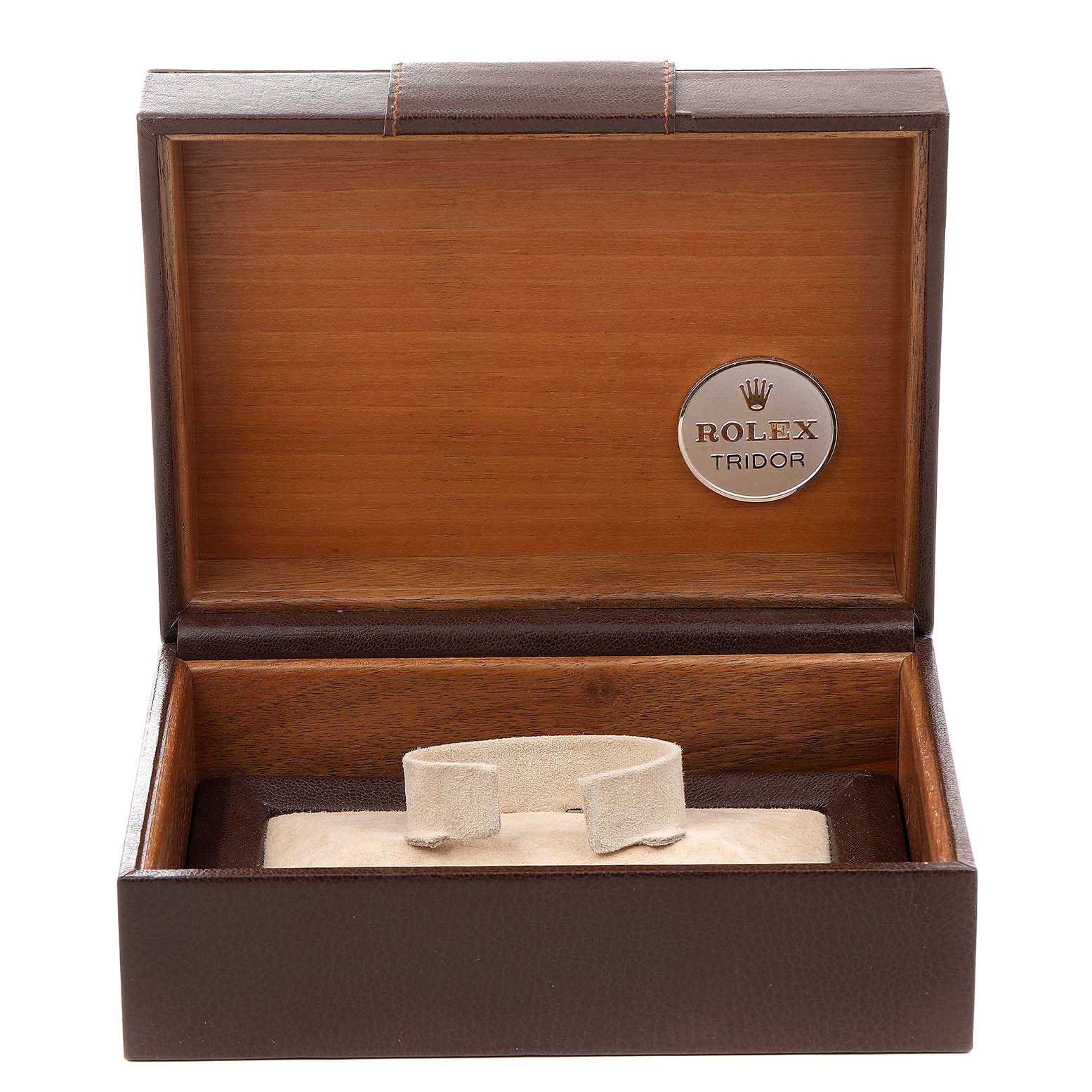 This image shows an open wooden box for a Rolex President 68279 Women's White Gold Brown Dial 68279 Women's White Gold Brown Dial model watch, displaying the Rolex Tridor branding.