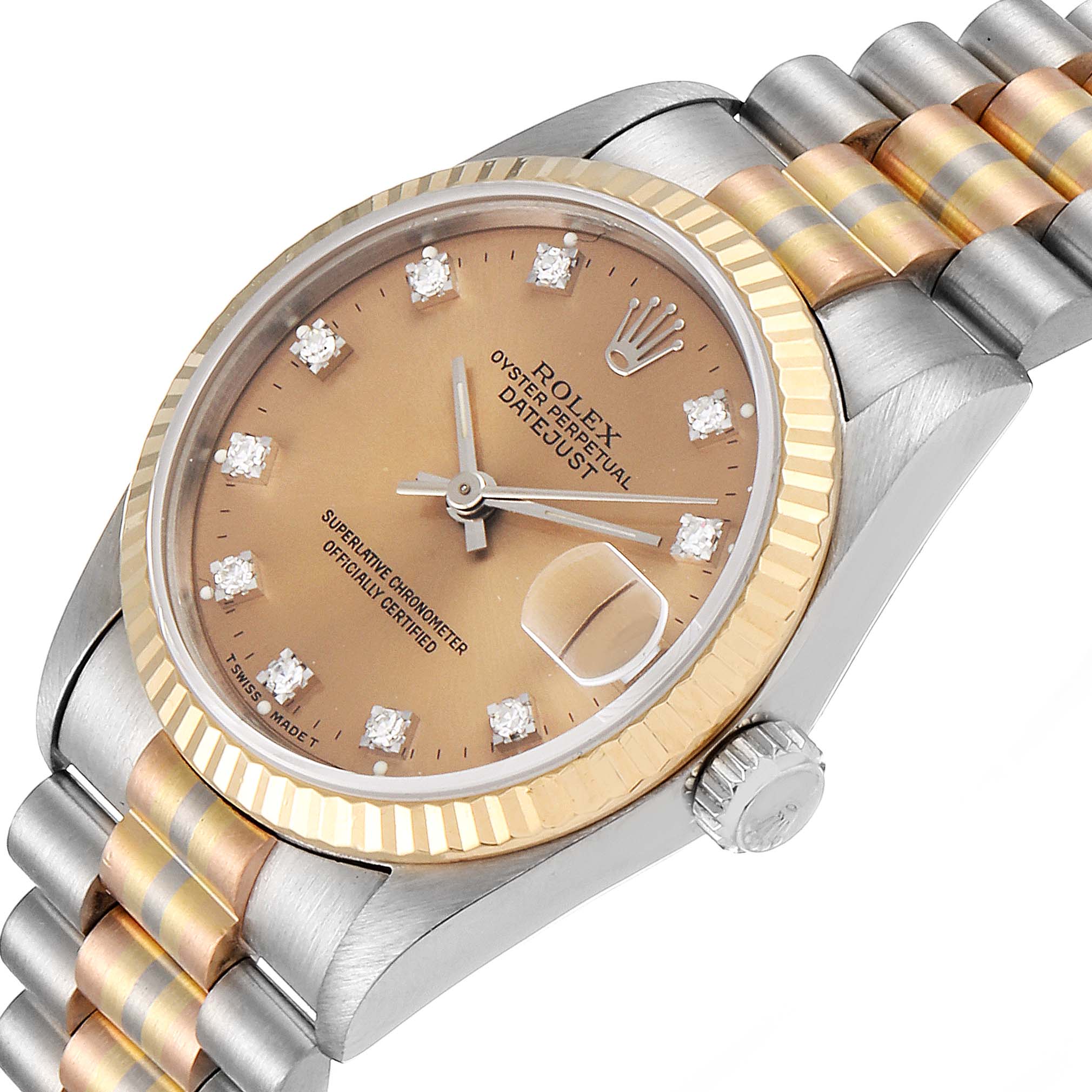 This Rolex President 68279 Women's White Gold Brown Dial 68279 Women's White Gold Brown Dial model watch is shown at a slight angle, highlighting the dial, bezel, crown, and bracelet.