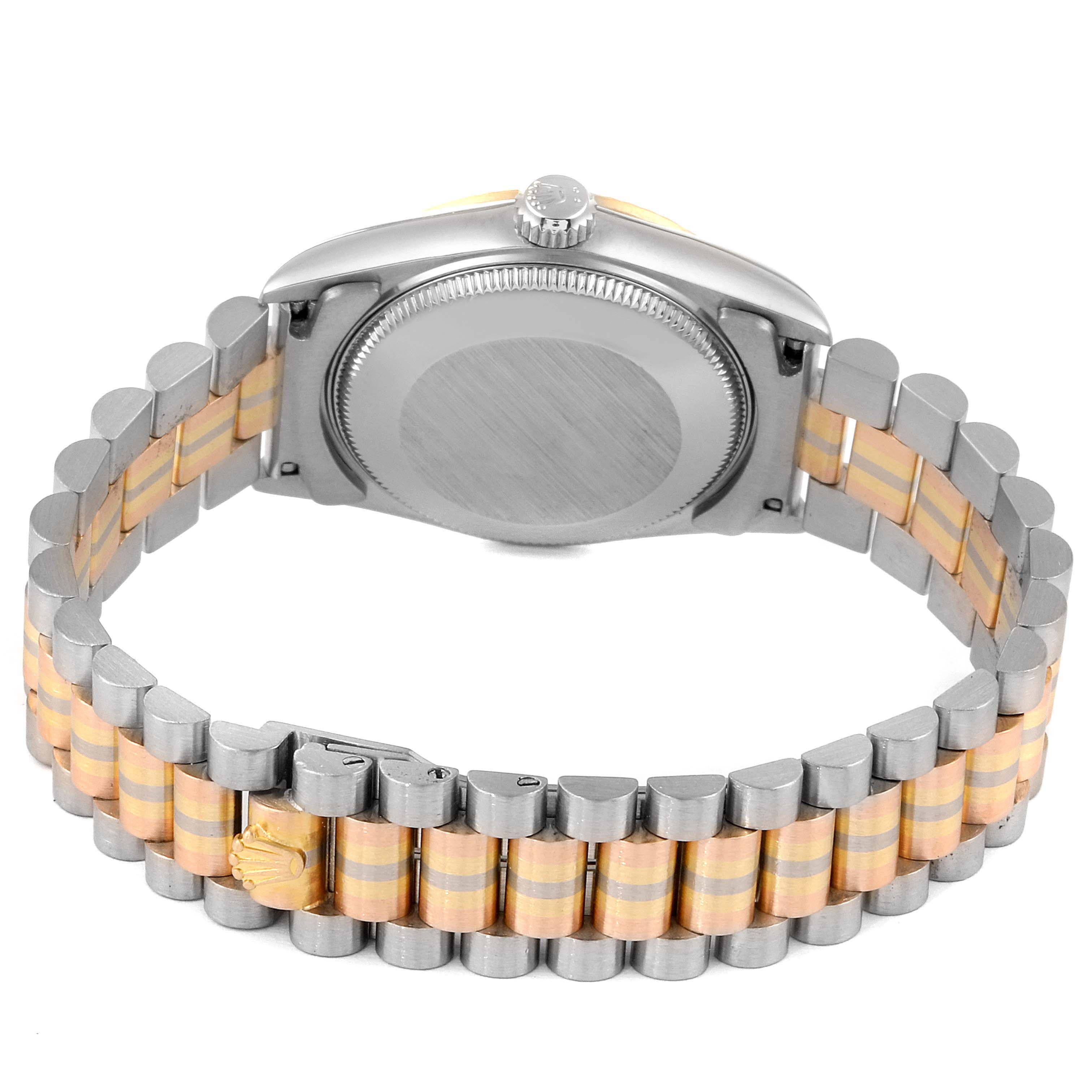 The image shows the backside and bracelet of the Rolex President 68279 Women's White Gold Brown Dial 68279 Women's White Gold Brown Dial model watch.