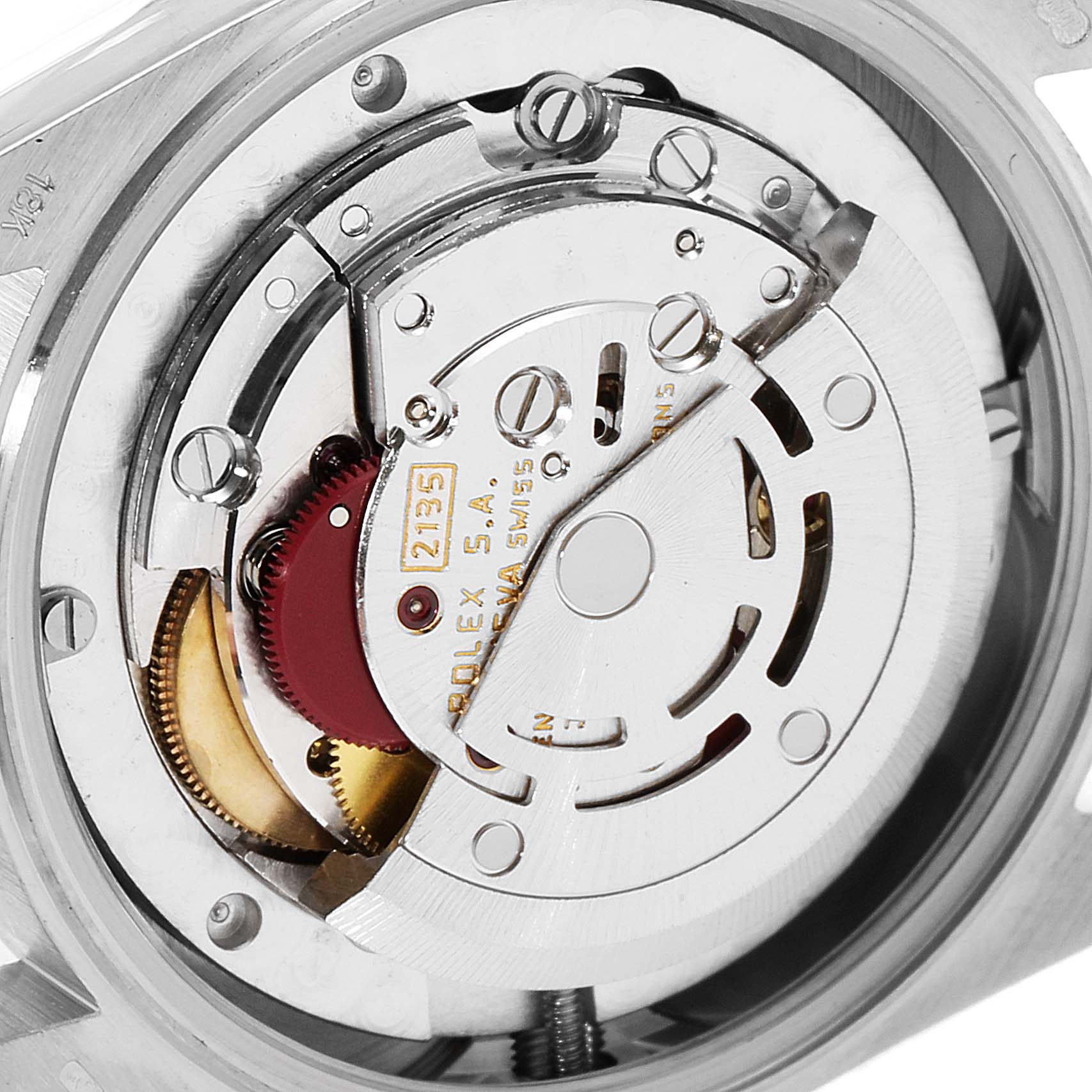 The image shows a close-up view of the movement mechanism of a Rolex President 68279 Women's White Gold Brown Dial 68279 Women's White Gold Brown Dial model watch.