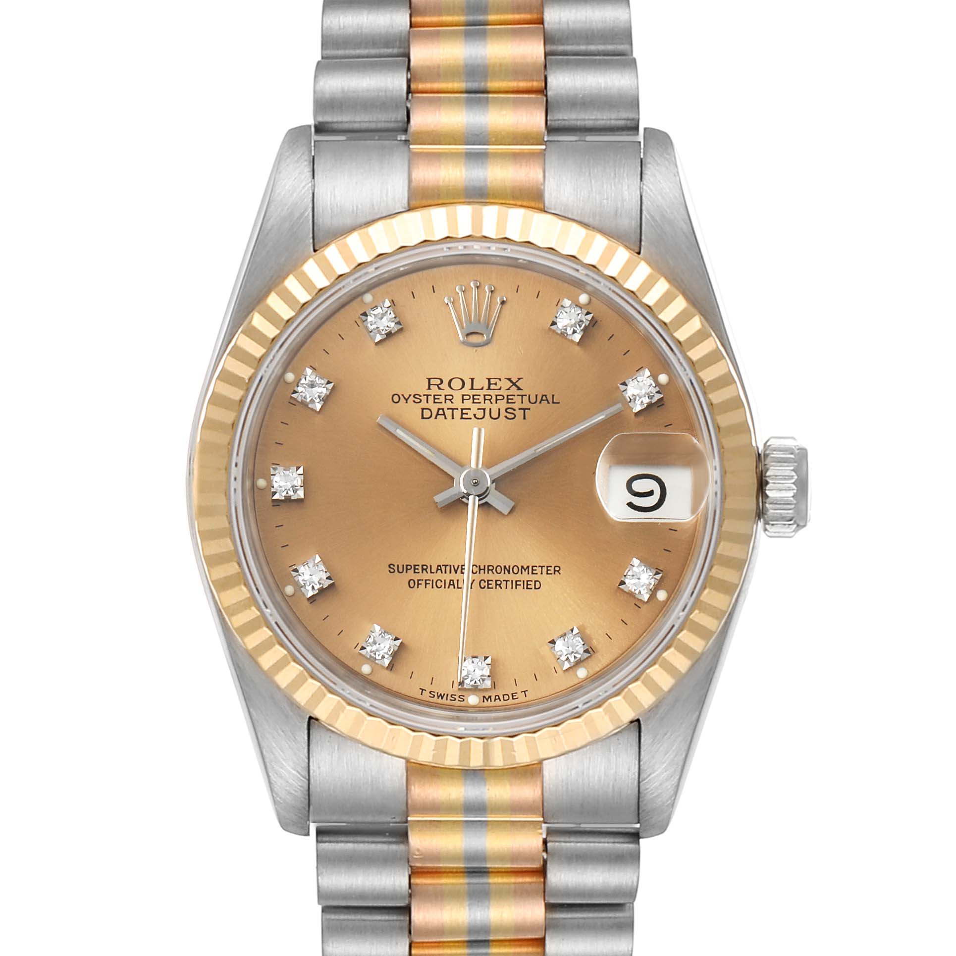 This Rolex President 68279 Women's White Gold Brown Dial 68279 Women's White Gold Brown Dial model watch is shown from the front, displaying the dial, hands, bezel, and two-tone bracelet.