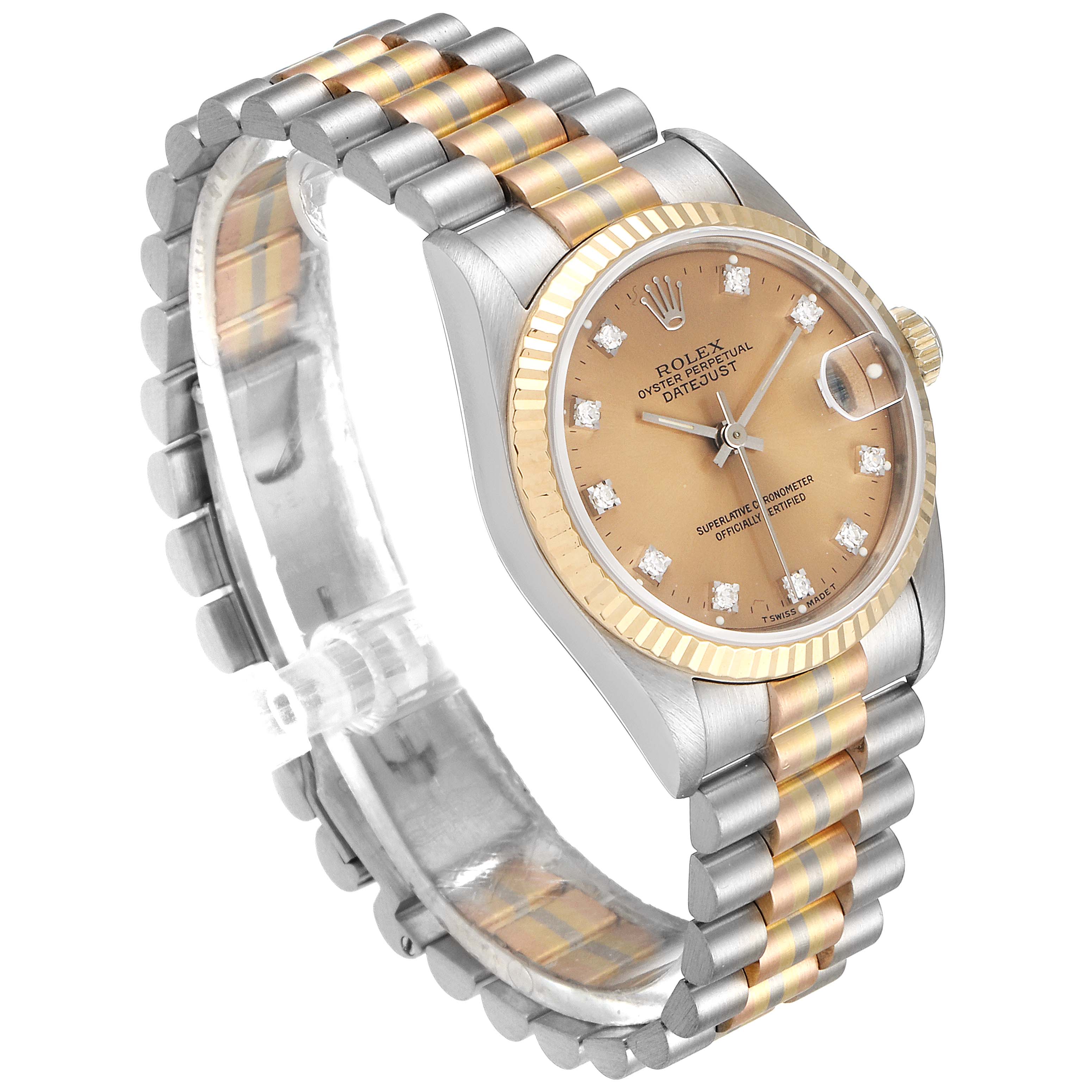 This image shows a Rolex President 68279 Women's White Gold Brown Dial 68279 Women's White Gold Brown Dial model watch at a three-quarter angle, highlighting its two-tone bracelet and champagne dial with diamond markers.
