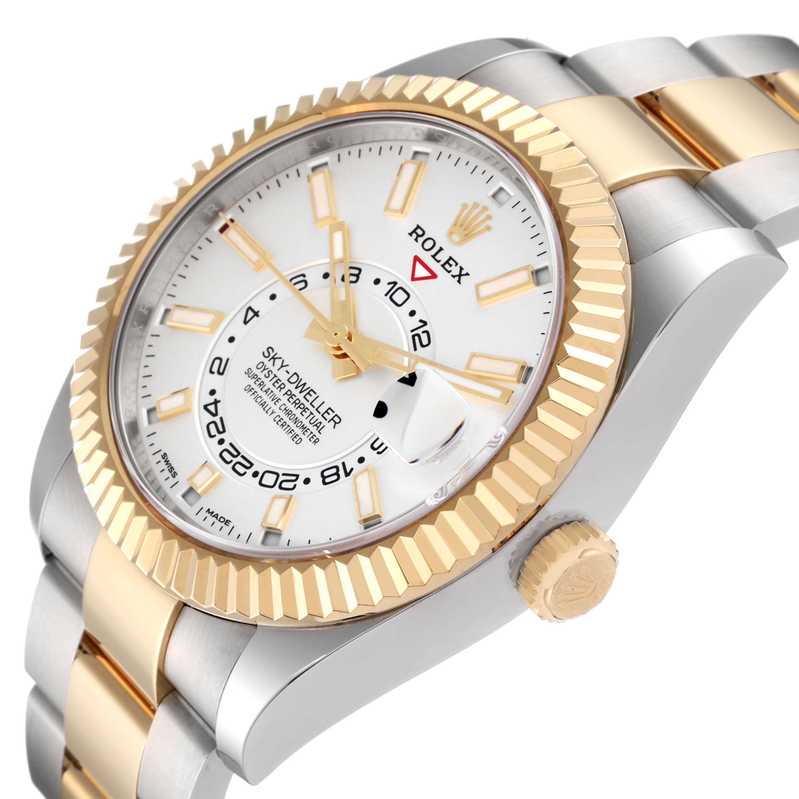 The image shows a close-up, side angle of a Rolex Sky-Dweller 326933 Men's Steel and Gold (two tone) White Dial 326933 Men's Steel and Gold (two tone) White Dial watch, highlighting its bezel, dial, and part of the bracelet.