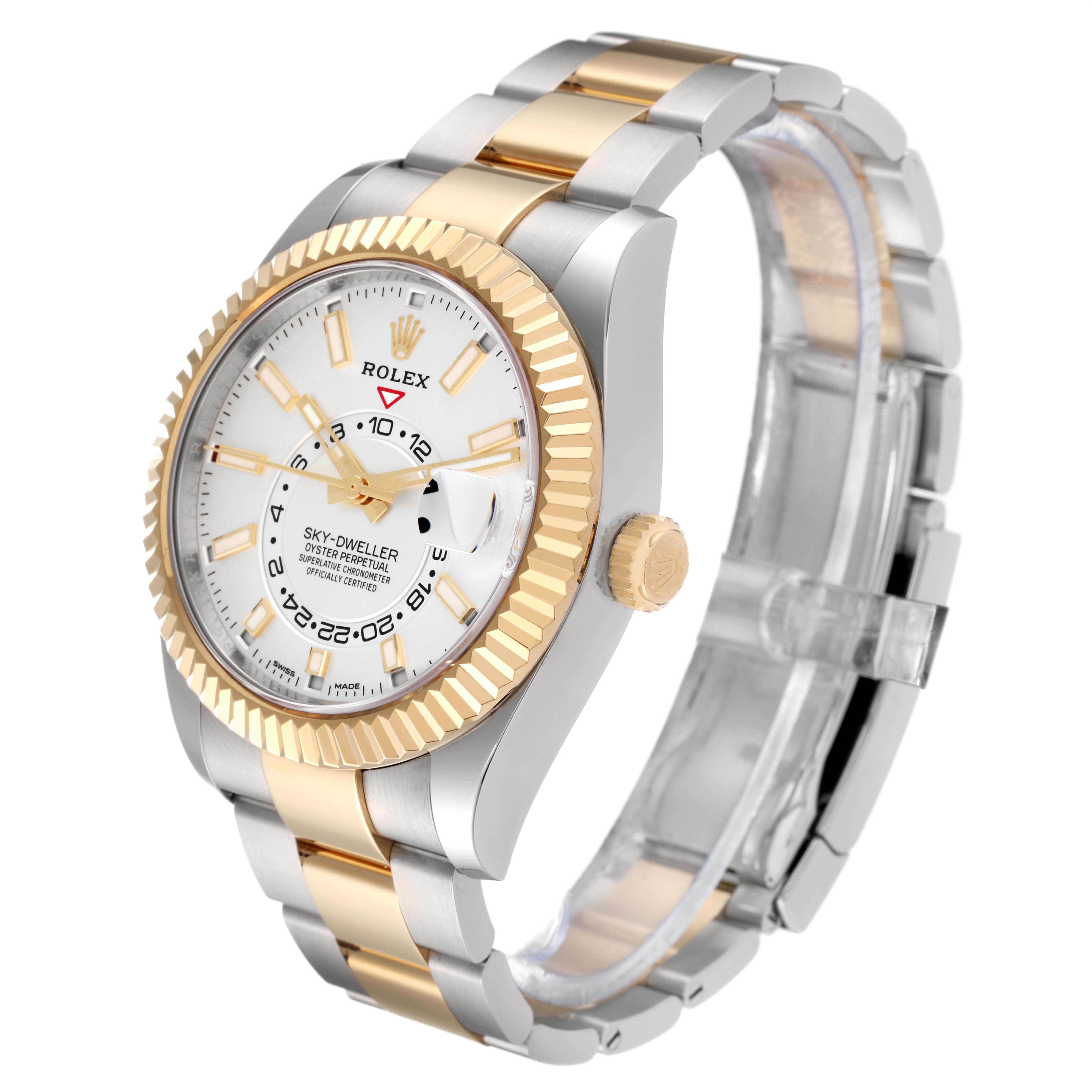 This image shows a Rolex Sky-Dweller 326933 Men's Steel and Gold (two tone) White Dial 326933 Men's Steel and Gold (two tone) White Dial watch angled to display the face, crown, bezel, and part of the bracelet.
