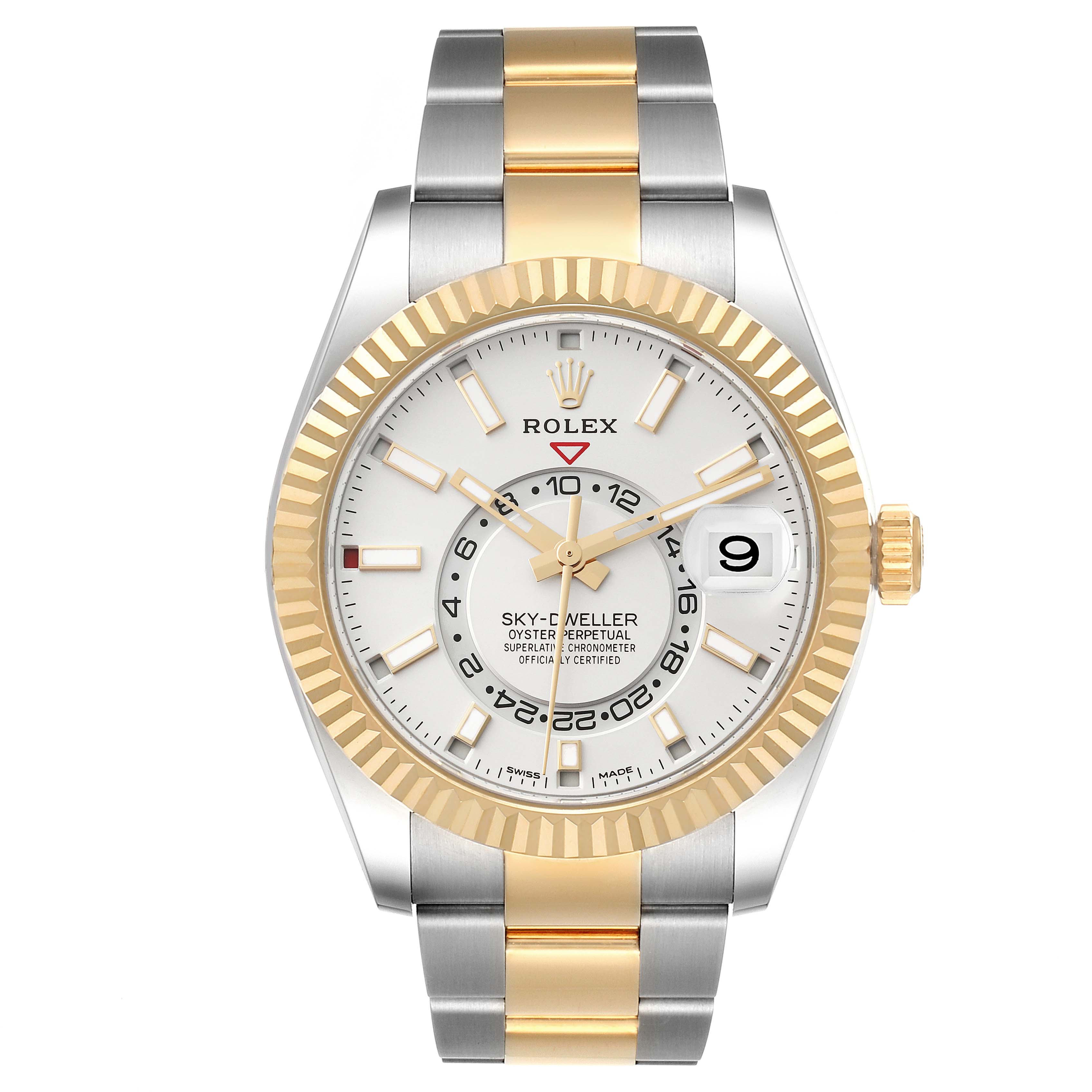 The image shows a frontal view of a Rolex Sky-Dweller 326933 Men's Steel and Gold (two tone) White Dial 326933 Men's Steel and Gold (two tone) White Dial watch with a silver and gold bracelet.