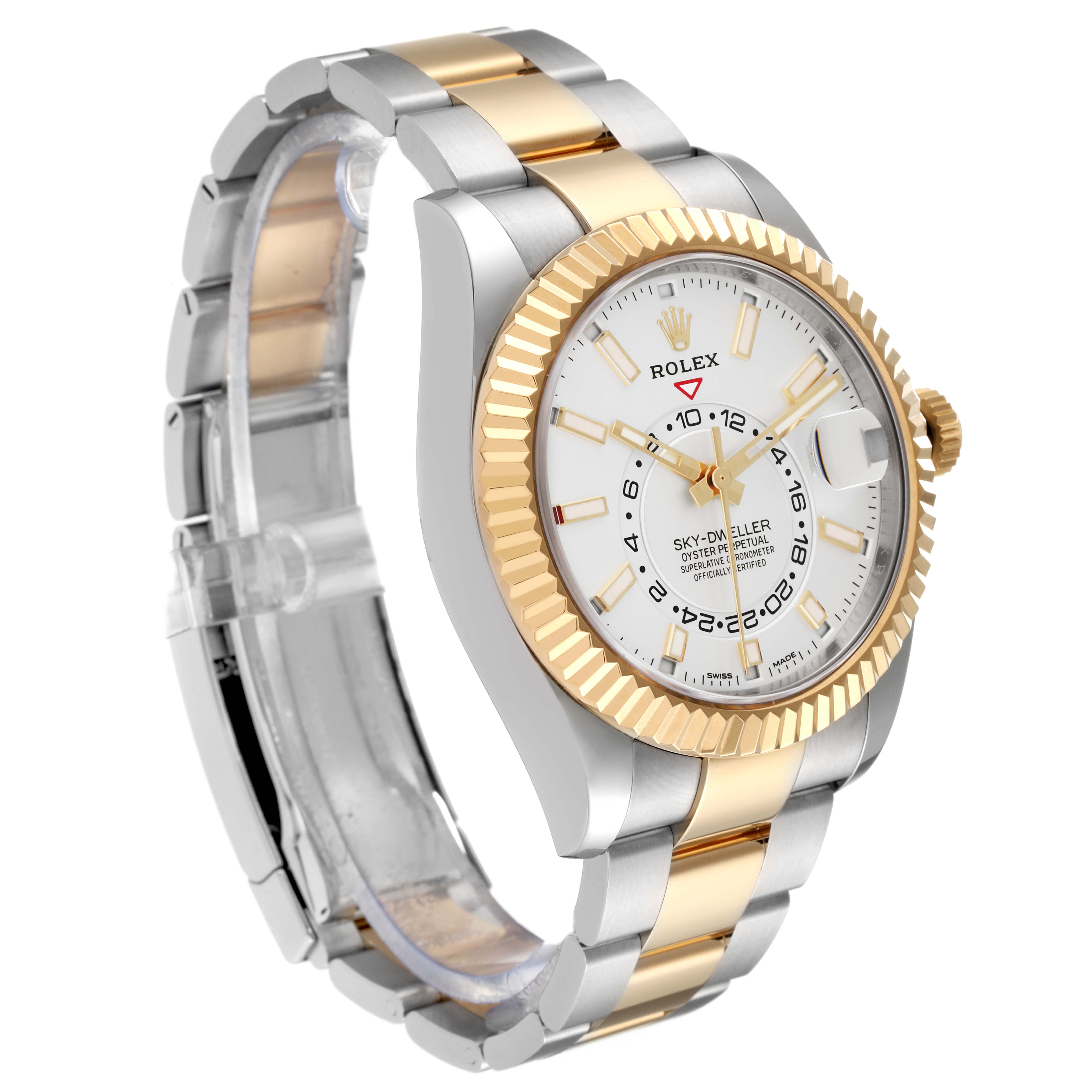 The image shows a Rolex Sky-Dweller 326933 Men's Steel and Gold (two tone) White Dial 326933 Men's Steel and Gold (two tone) White Dial watch from a three-quarter angle, highlighting the watch face, bezel, and bracelet.