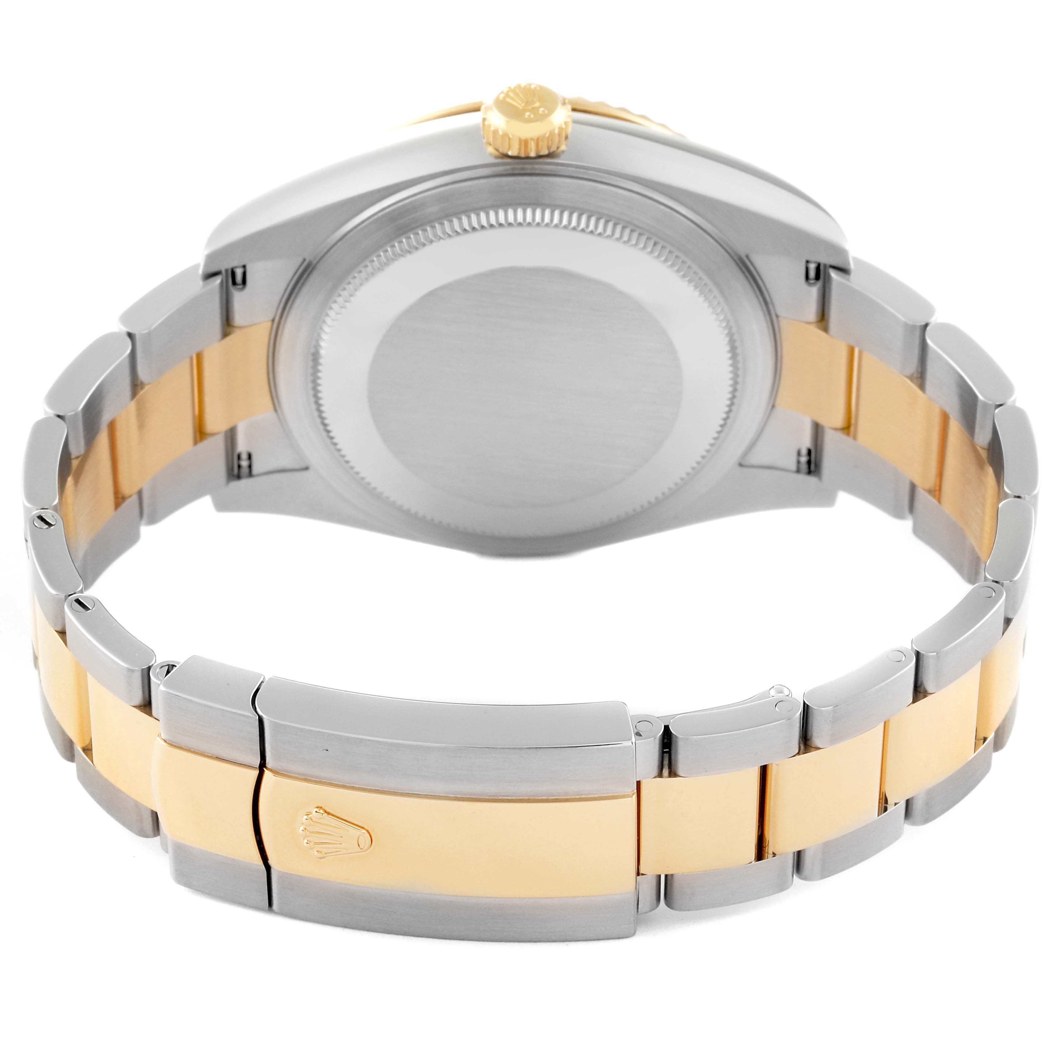 The image shows the back view of the Rolex Sky-Dweller 326933 Men's Steel and Gold (two tone) White Dial 326933 Men's Steel and Gold (two tone) White Dial watch, highlighting its two-tone bracelet and clasp.