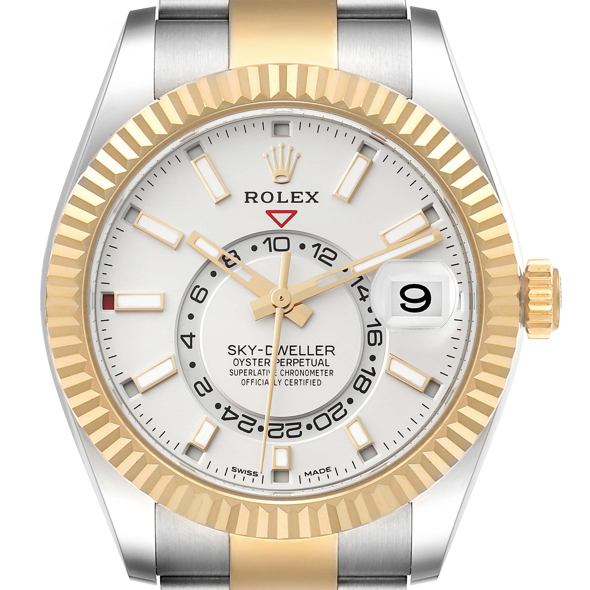 The image shows a Rolex Sky-Dweller 326933 Men's Steel and Gold (two tone) White Dial 326933 Men's Steel and Gold (two tone) White Dial watch from a front angle, highlighting the dial, bezel, hands, and part of the bracelet.