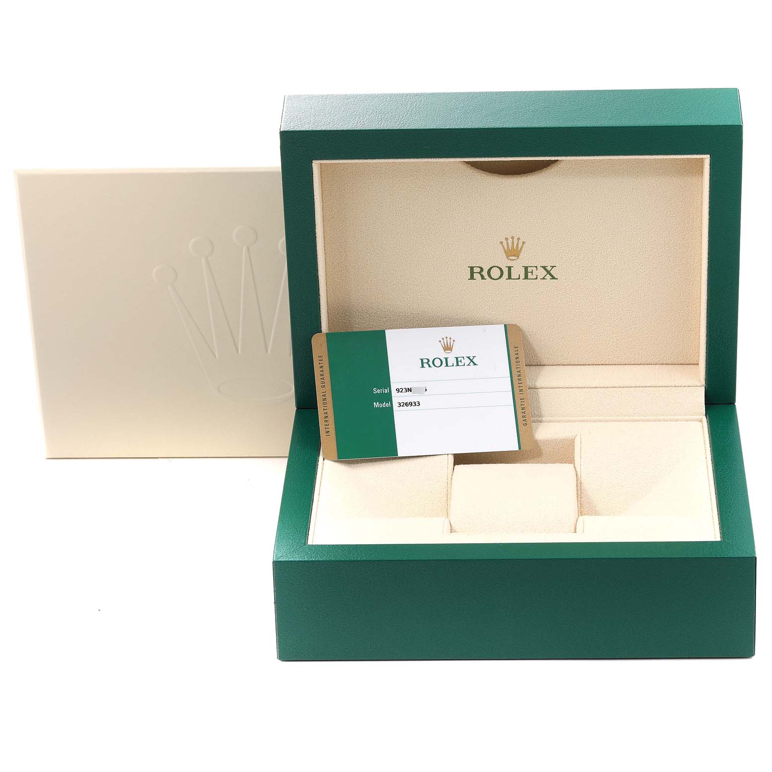The image shows the packaging box and warranty card for a Rolex Sky-Dweller 326933 Men's Steel and Gold (two tone) White Dial 326933 Men's Steel and Gold (two tone) White Dial watch.