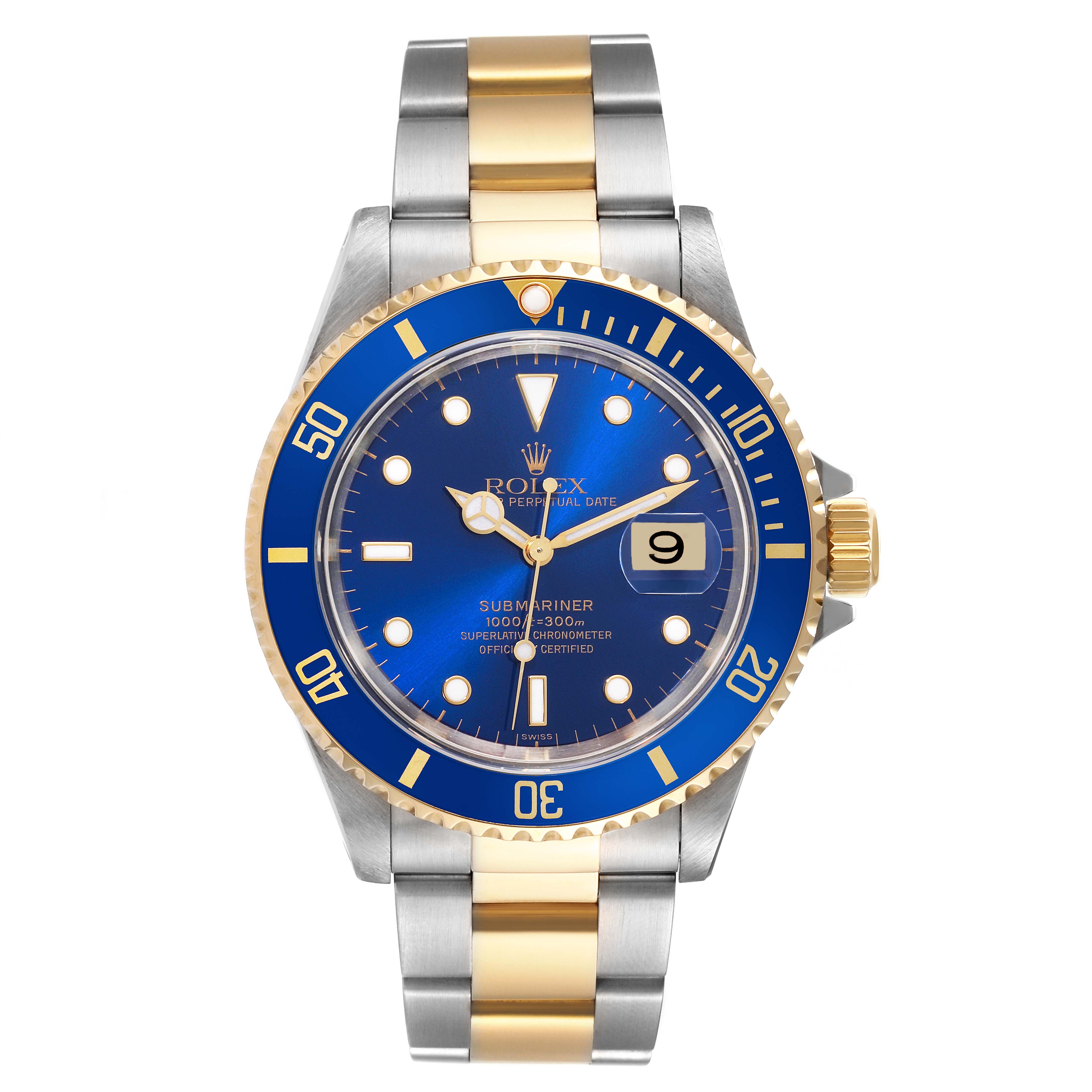 The image shows a Rolex Submariner 16613 Men's Steel and Gold (two tone) Blue Dial 16613 Men's Steel and Gold (two tone) Blue Dial watch from a front angle, highlighting its blue dial, bi-color bracelet, and gold bezel.