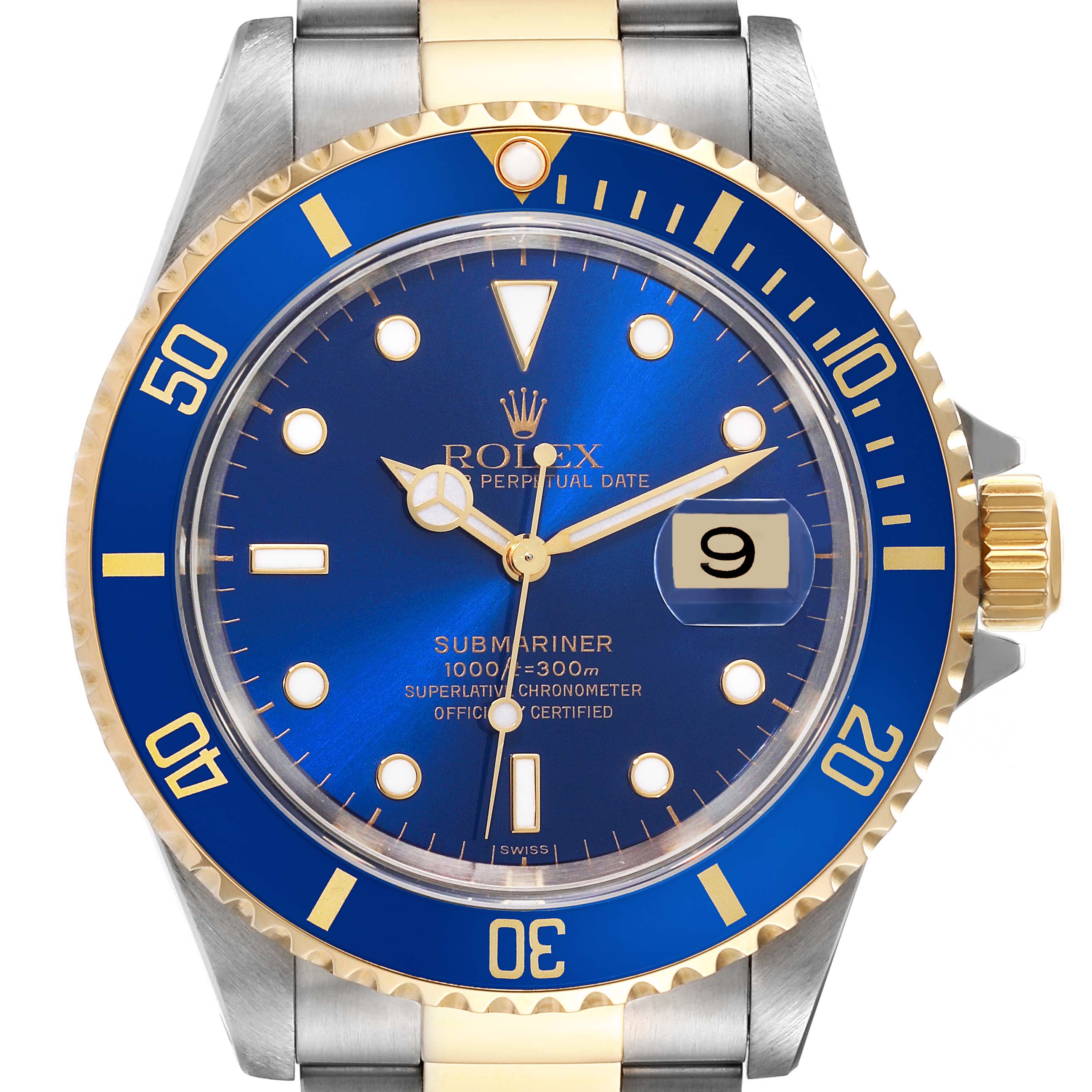 The image shows a front view of a Rolex Submariner 16613 Men's Steel and Gold (two tone) Blue Dial 16613 Men's Steel and Gold (two tone) Blue Dial watch, highlighting its blue dial, date window, and blue-and-gold bezel.