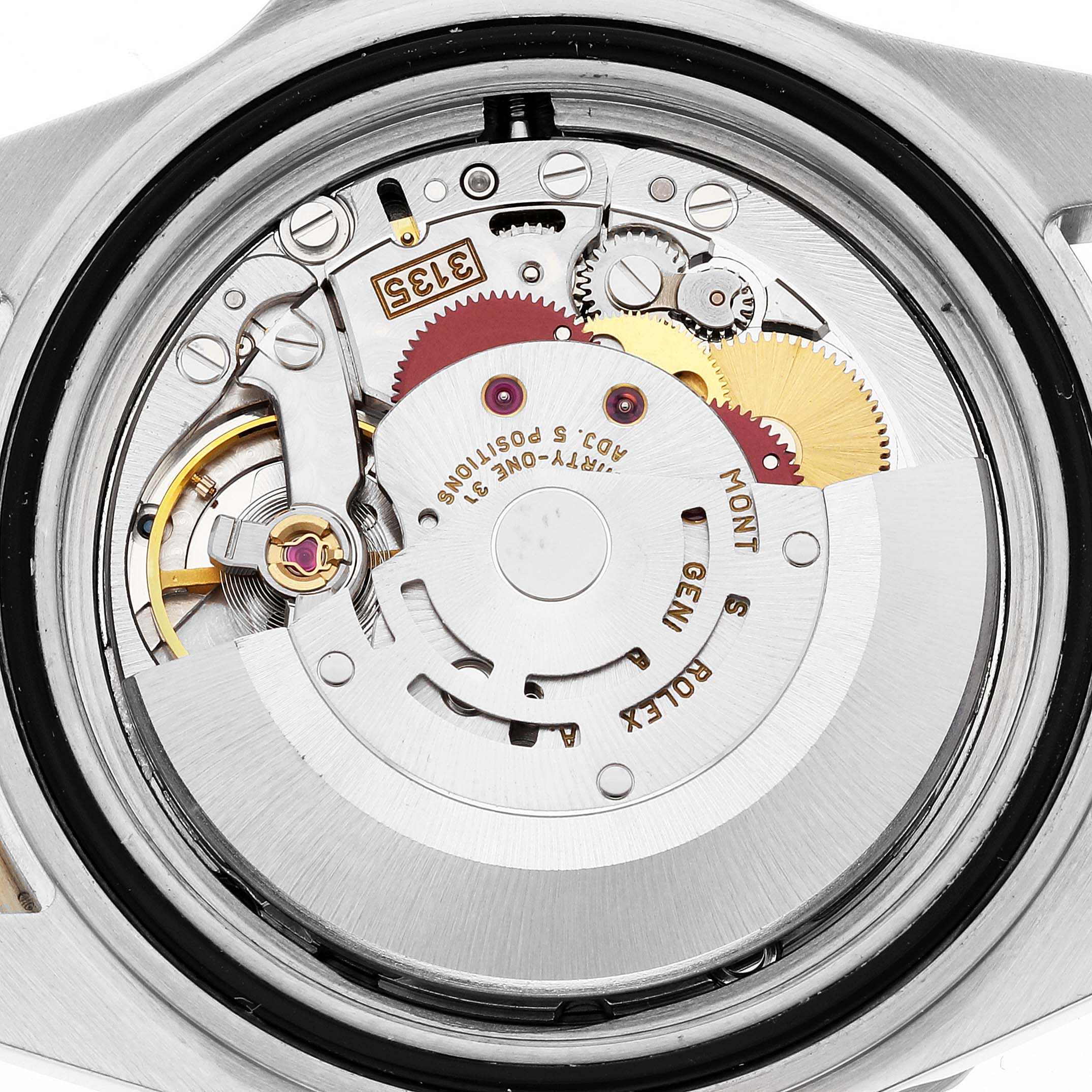 This image shows the internal mechanism of a Rolex Submariner 16613 Men's Steel and Gold (two tone) Blue Dial 16613 Men's Steel and Gold (two tone) Blue Dial watch, focusing on its movement and gears from the back.