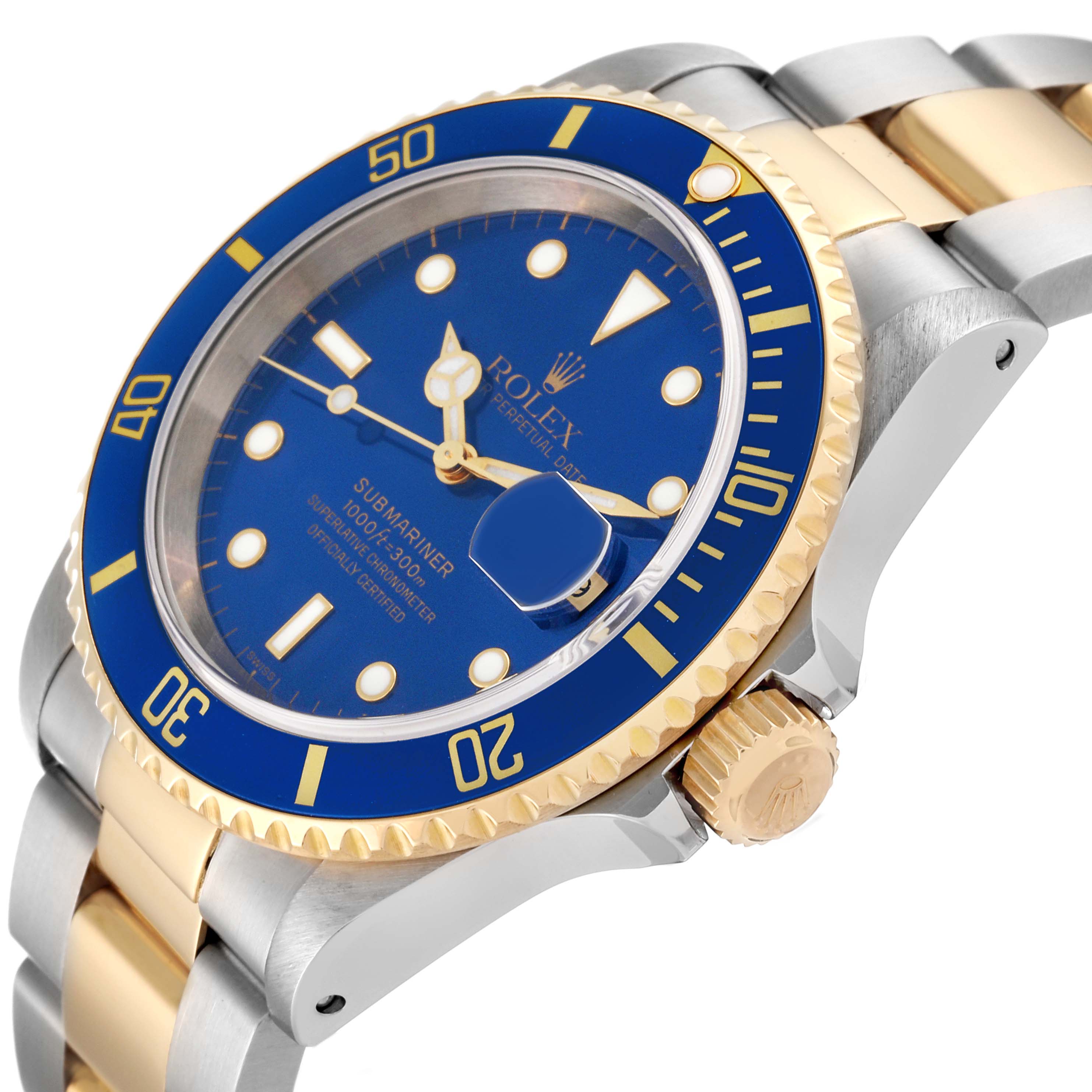 The Rolex Submariner 16613 Men's Steel and Gold (two tone) Blue Dial 16613 Men's Steel and Gold (two tone) Blue Dial watch is shown in a 3/4 angle, highlighting its blue dial, gold bezel, and two-tone bracelet.