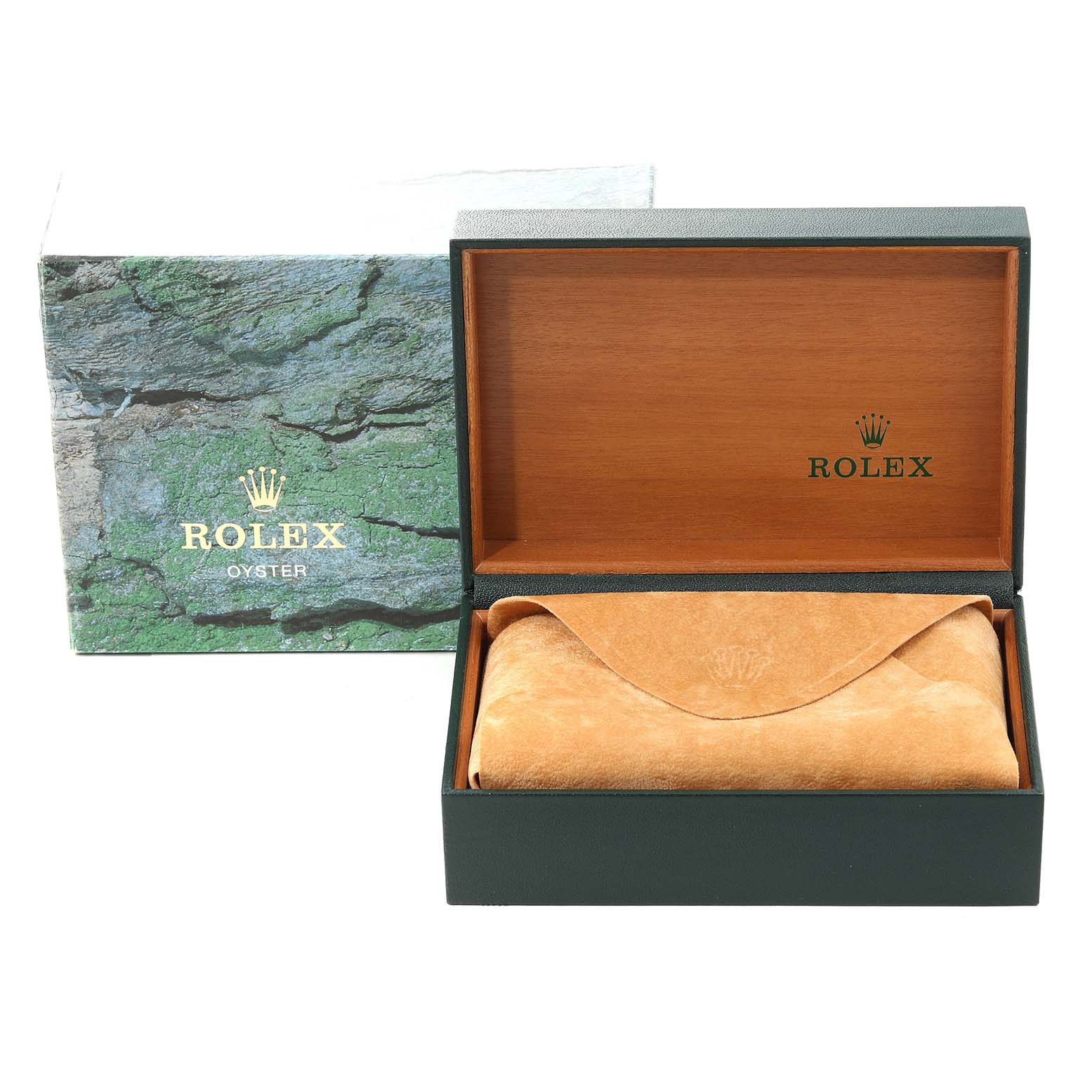 This image shows the packaging and inner box for a Rolex Submariner 16613 Men's Steel and Gold (two tone) Blue Dial 16613 Men's Steel and Gold (two tone) Blue Dial, with the box open and a protective pouch inside.
