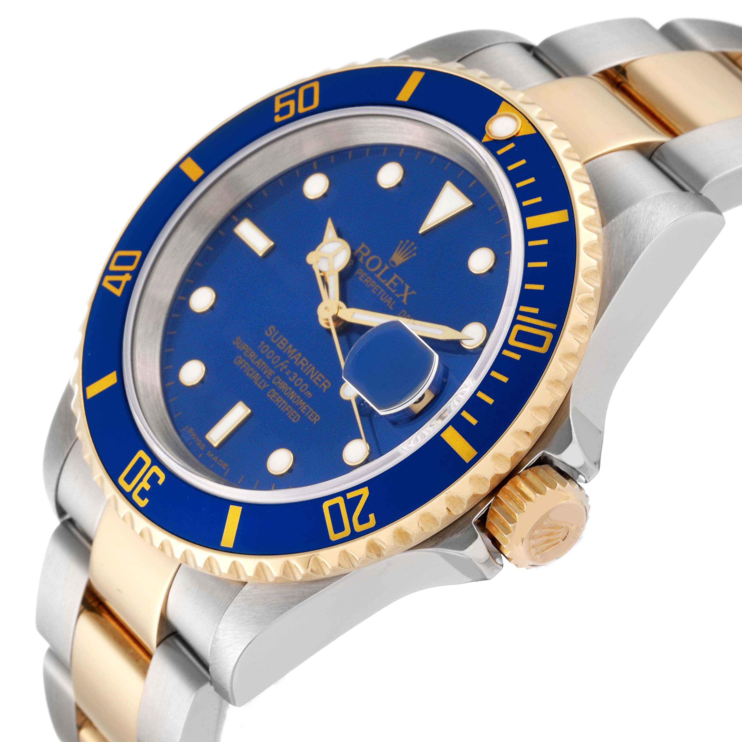 The image shows a close-up angled view of a Rolex Submariner 16613 Men
s Steel and Gold (two tone) Blue Dial 16613 Men
s Steel and Gold (two tone) Blue Dial watch
s face, bezel, crown, and bracelet.
