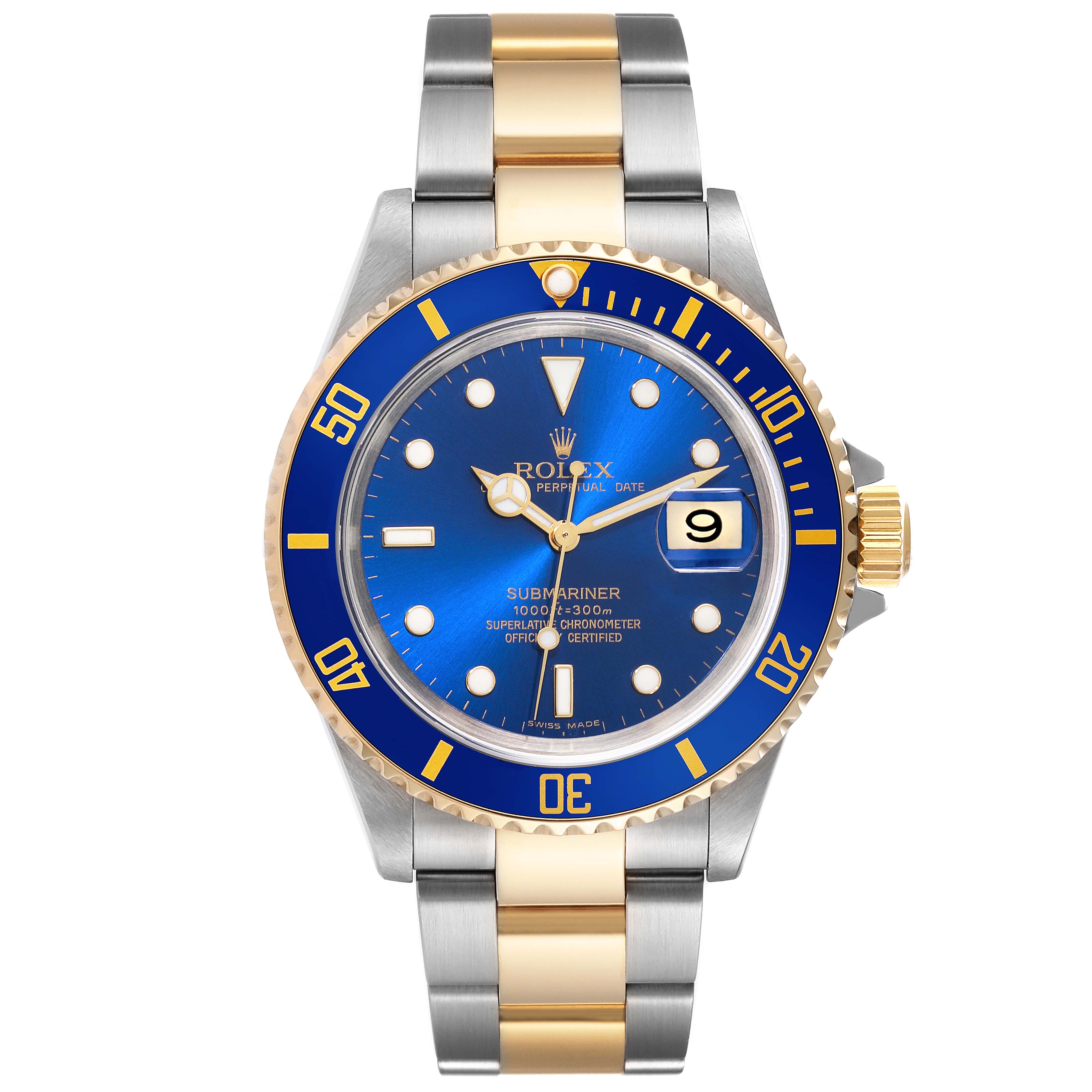 The image shows a front view of a Rolex Submariner 16613 Men
s Steel and Gold (two tone) Blue Dial 16613 Men
s Steel and Gold (two tone) Blue Dial watch with a blue dial, gold bezel, and two-tone metal bracelet.