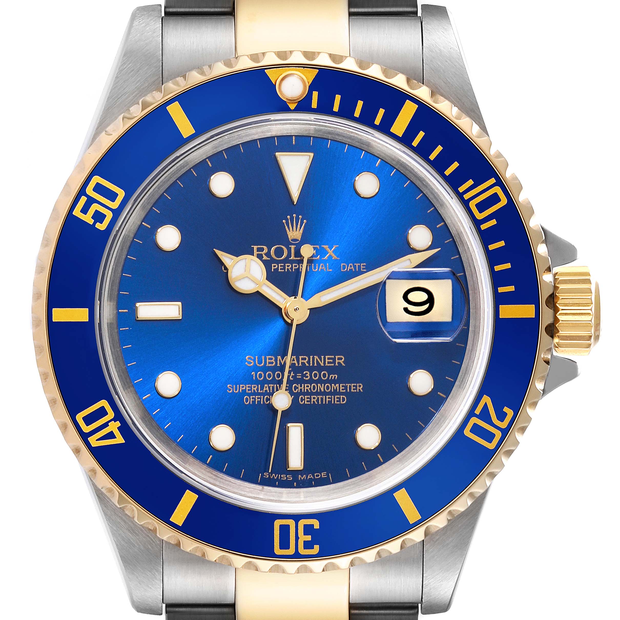 The image shows a frontal view of a Rolex Submariner 16613 Men
s Steel and Gold (two tone) Blue Dial 16613 Men
s Steel and Gold (two tone) Blue Dial watch featuring a blue dial and bezel, with gold and stainless steel elements.