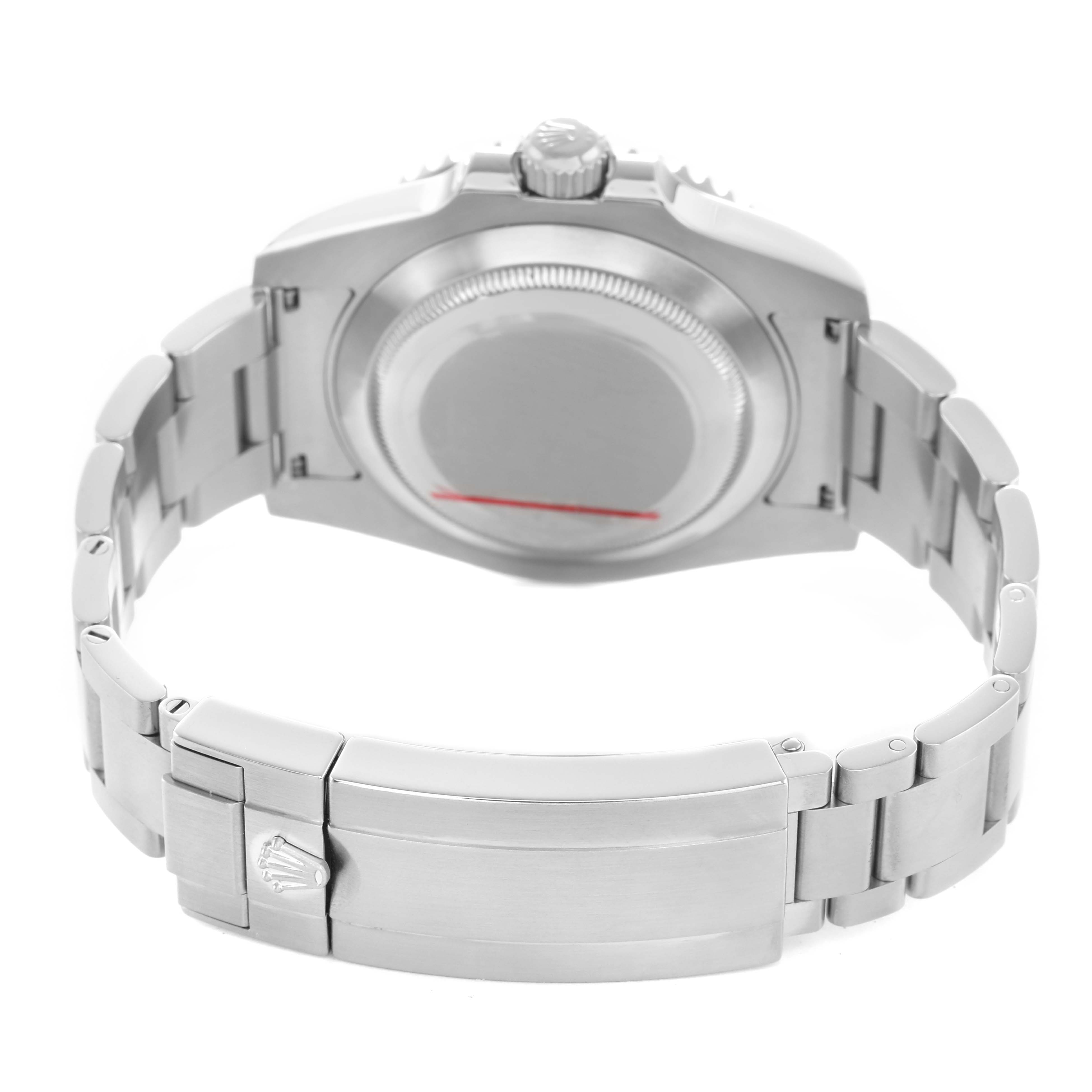 The image shows a Rolex Submariner 116610LV Men's Stainless Steel Green Dial watch from the back, highlighting the case back, bracelet, and clasp.