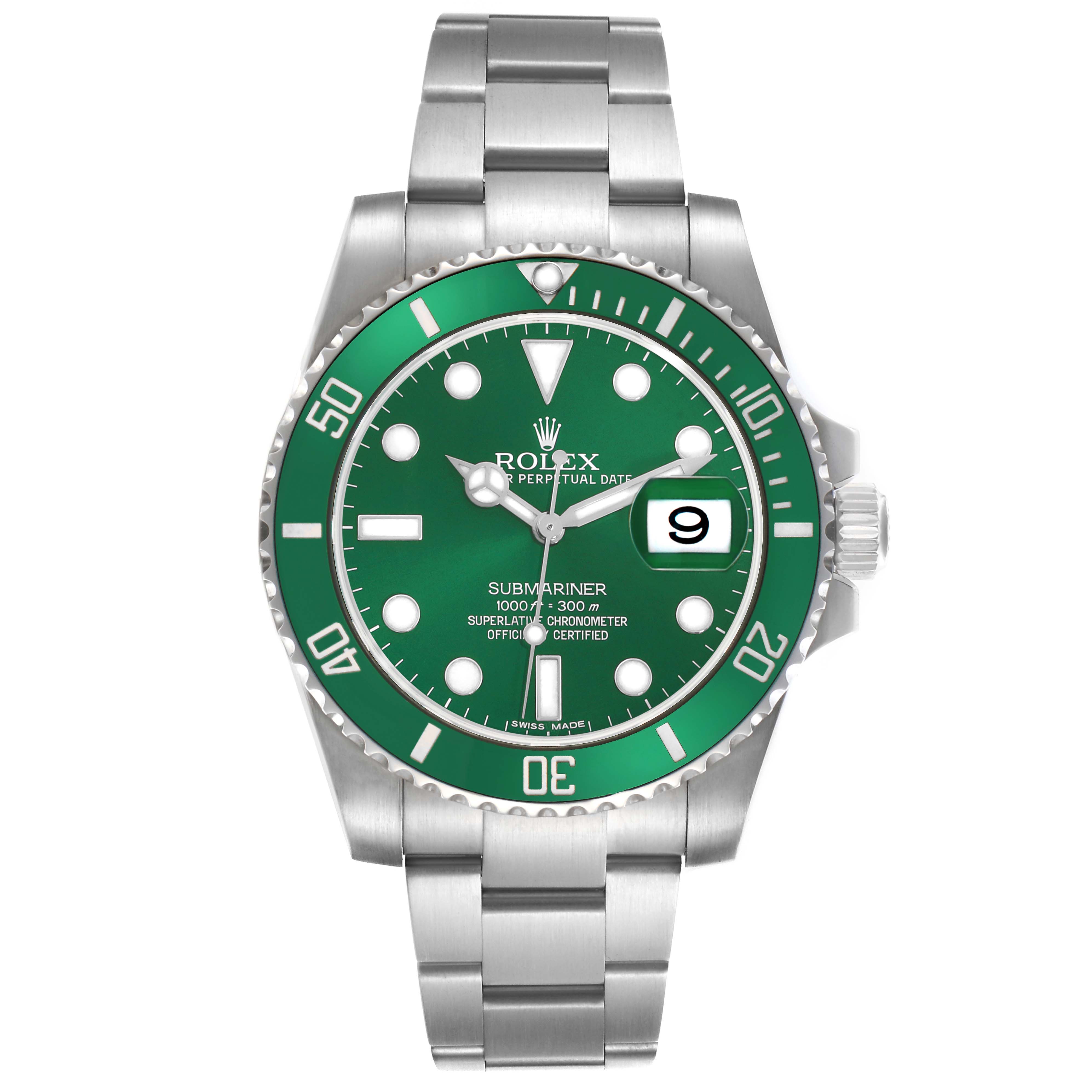 The Rolex Submariner 116610LV Men's Stainless Steel Green Dial is shown from a front angle, displaying the green dial, bezel, and bracelet clearly.
