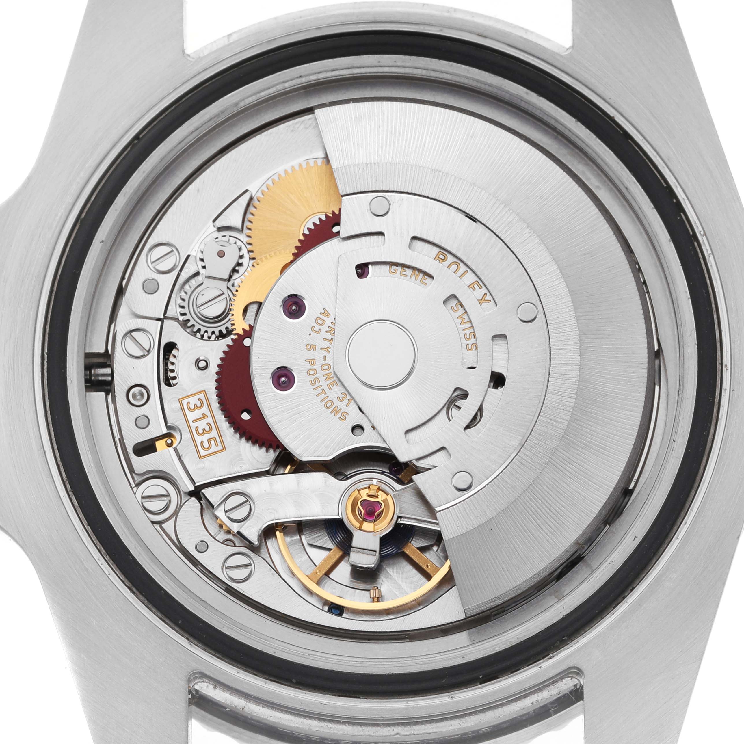 The image shows the Rolex Submariner 116610LV Men's Stainless Steel Green Dial's movement from the back, highlighting gears and the rotor.