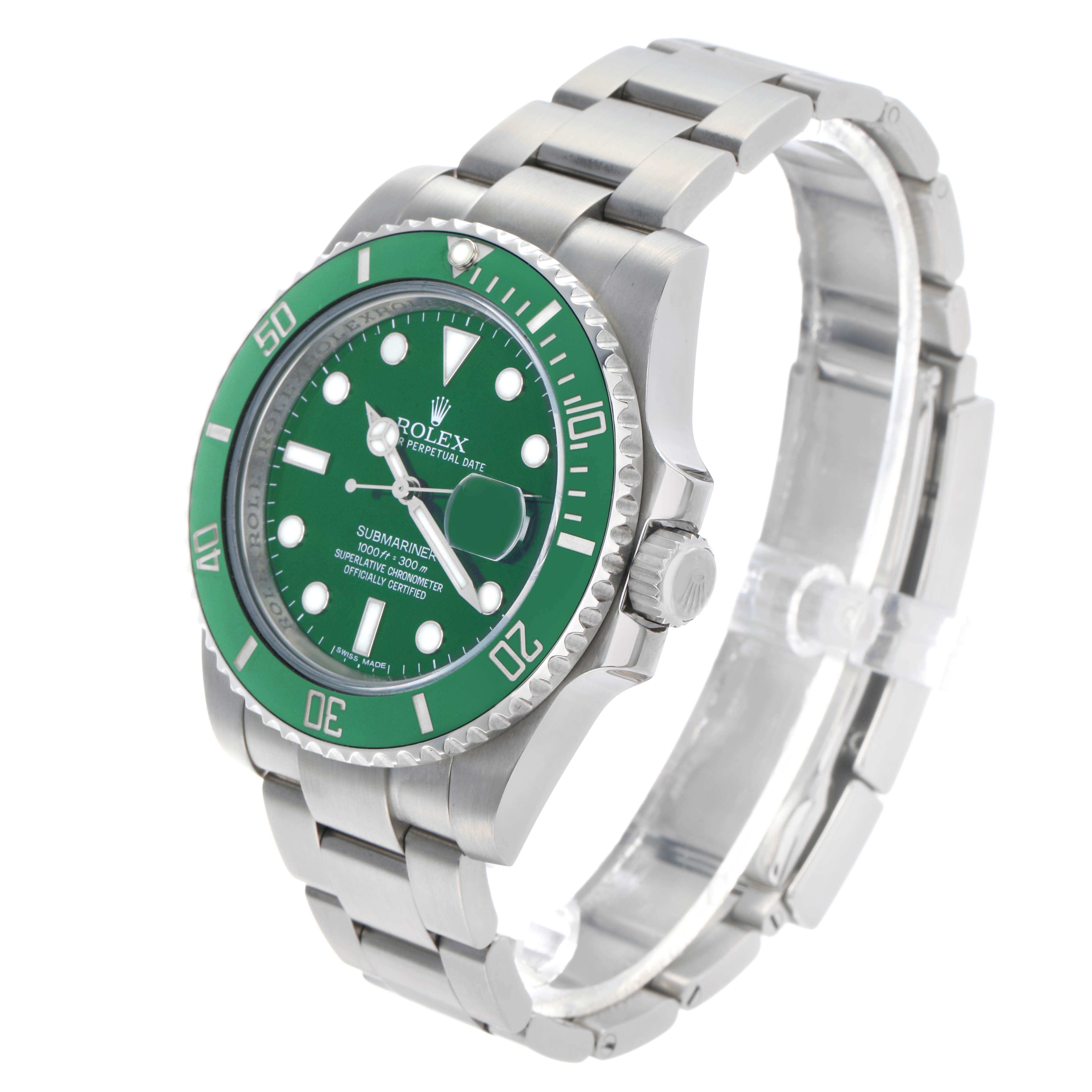 The Rolex Submariner 116610LV Men's Stainless Steel Green Dial watch is shown at a three-quarter angle, highlighting the dial, bezel, case, and bracelet.