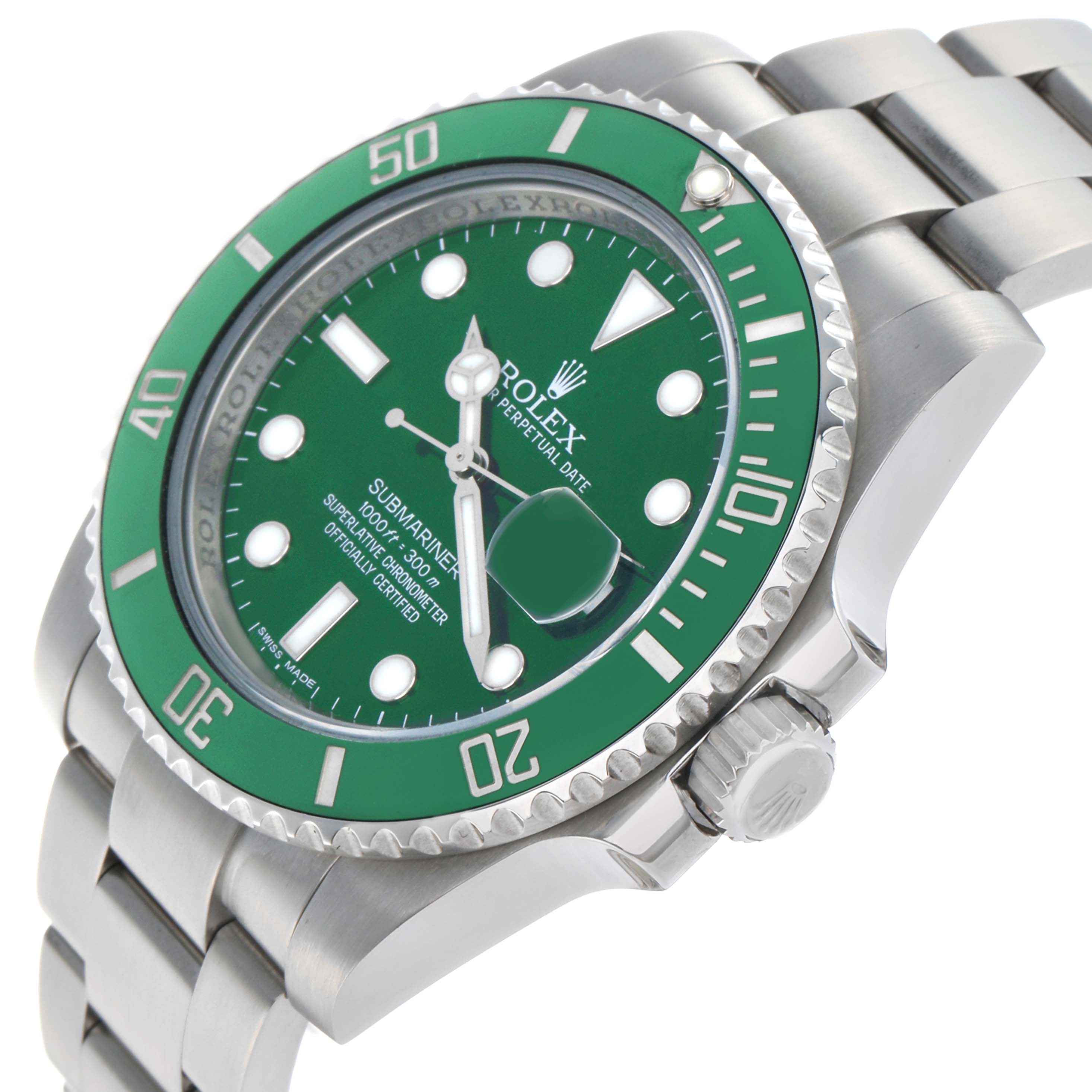 The Rolex Submariner 116610LV Men's Stainless Steel Green Dial is shown at an angle highlighting the green dial, bezel, crown, and part of the bracelet.