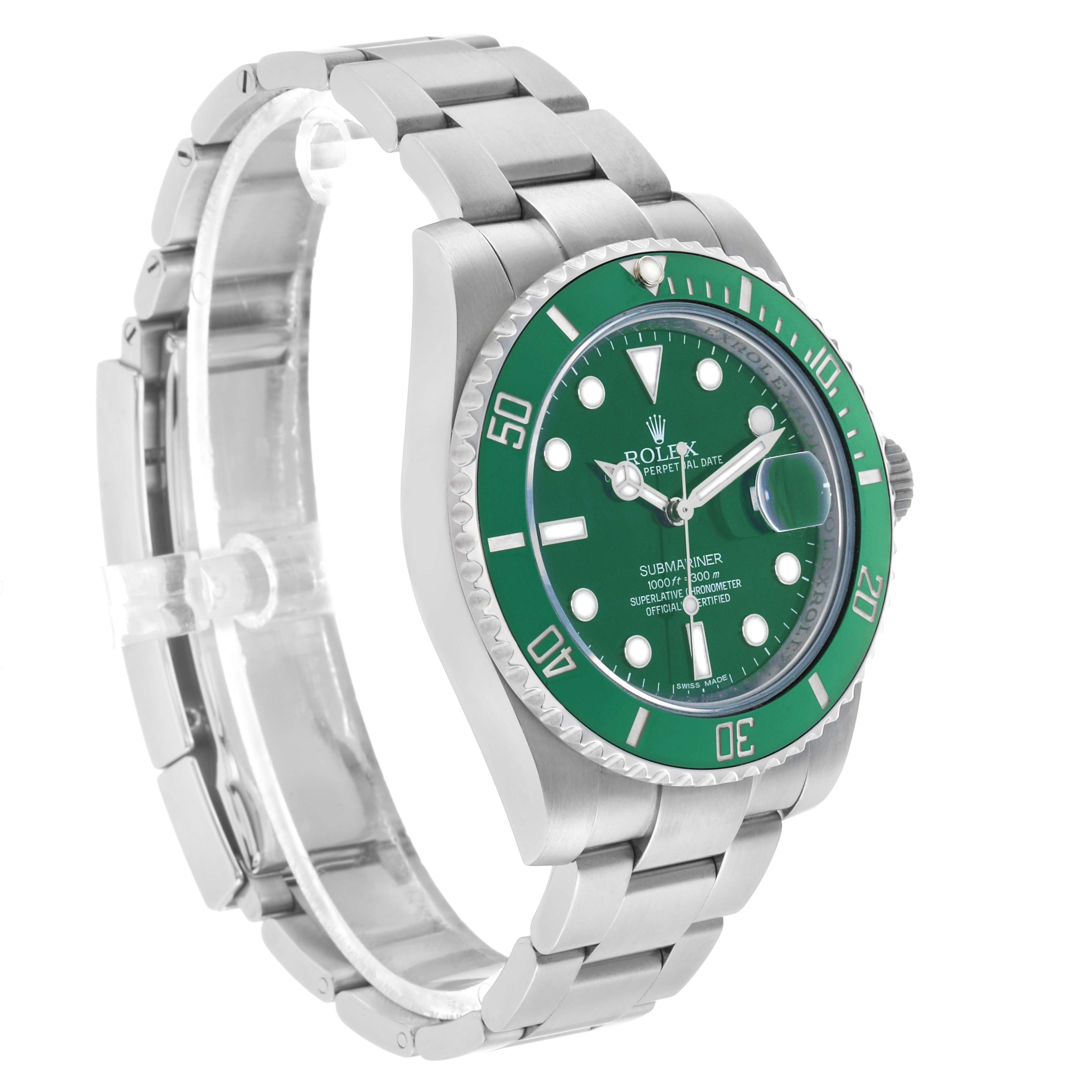 The Rolex Submariner 116610LV Men's Stainless Steel Green Dial watch is shown at a slight angle, highlighting the green bezel, dial, and stainless steel bracelet.