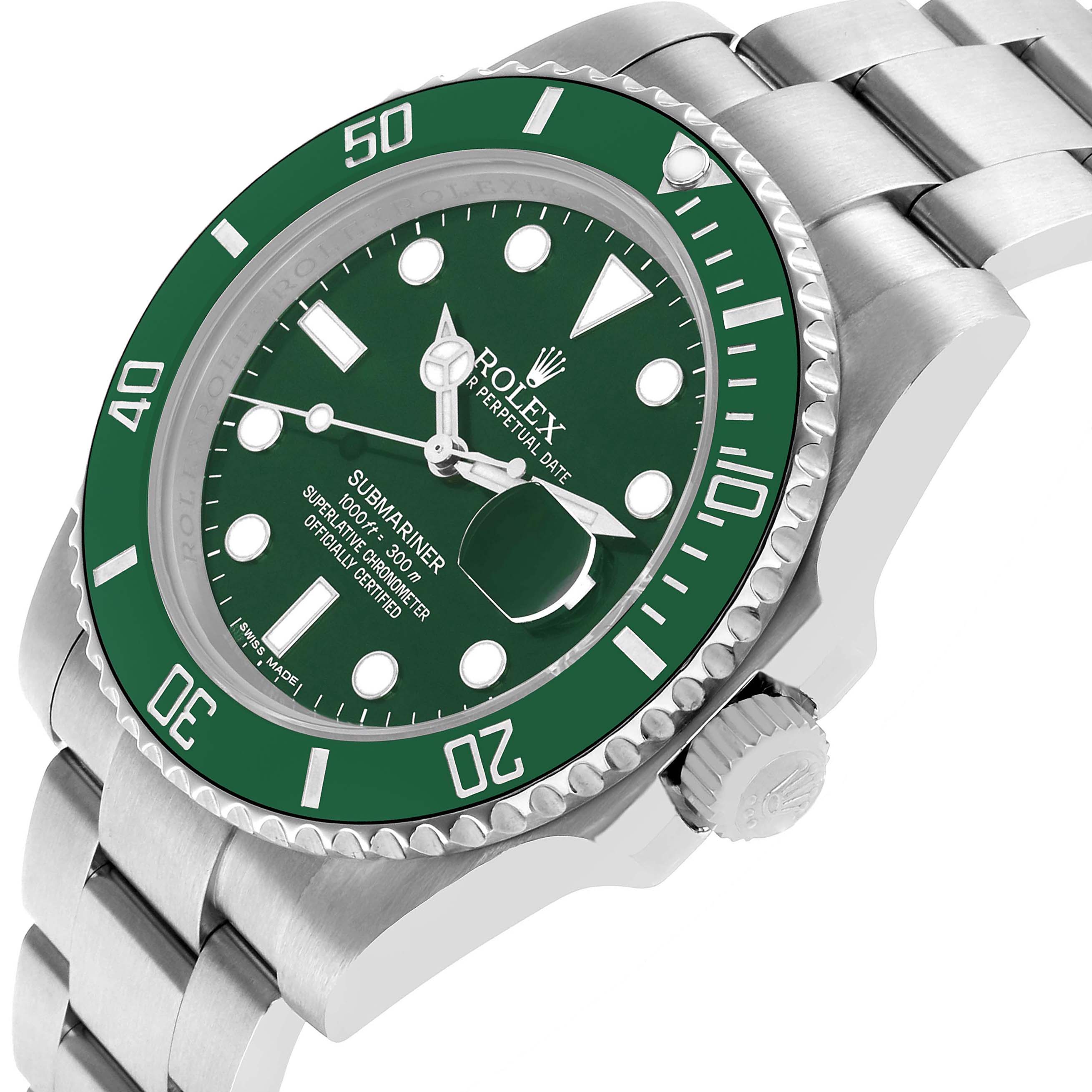 The Rolex Submariner 116610LV Men's Stainless Steel Green Dial is shown at a slight angle, featuring the bezel, dial, and part of the bracelet.