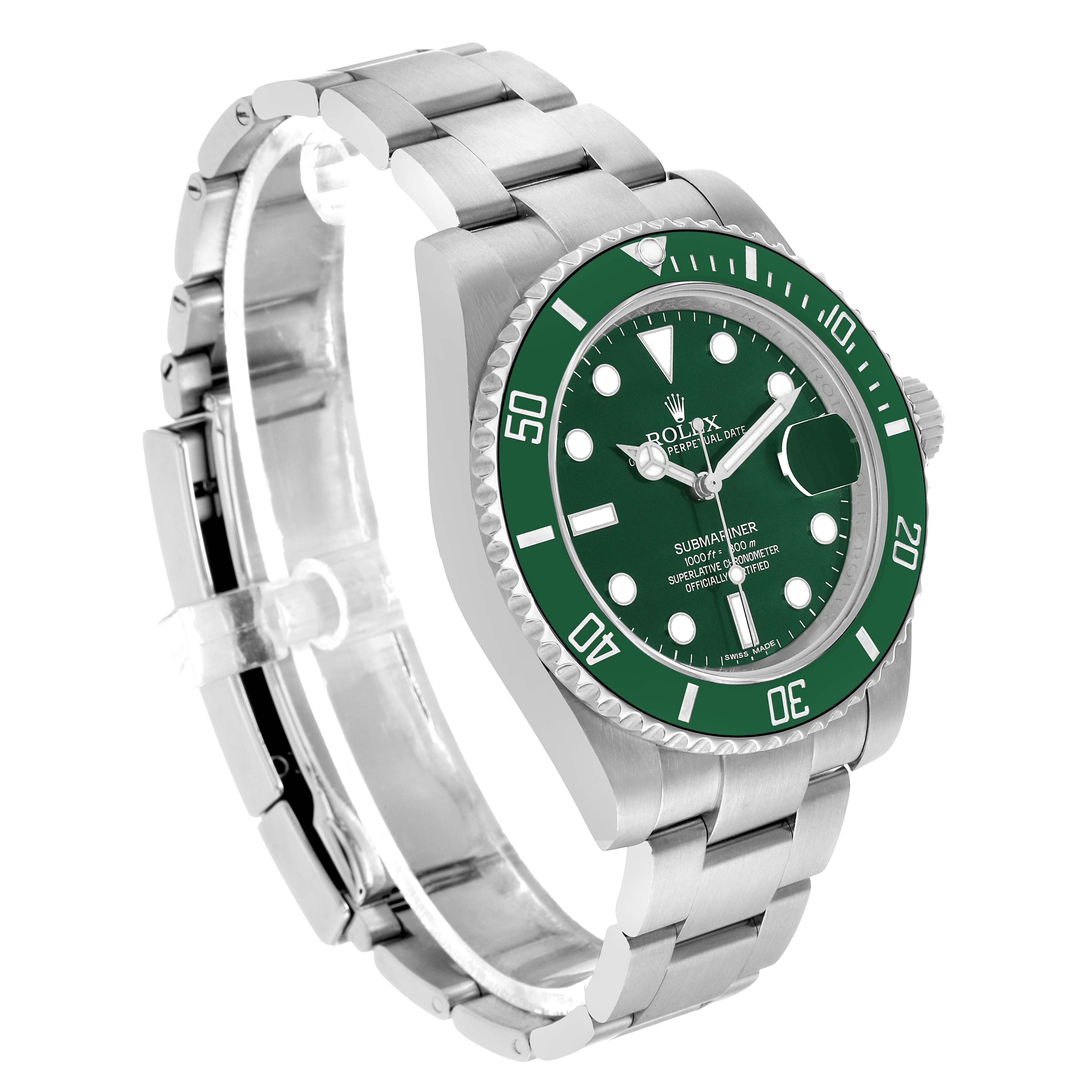 The Rolex Submariner 116610LV Men's Stainless Steel Green Dial watch is shown at a three-quarter angle, displaying the face, bezel, and part of the bracelet.