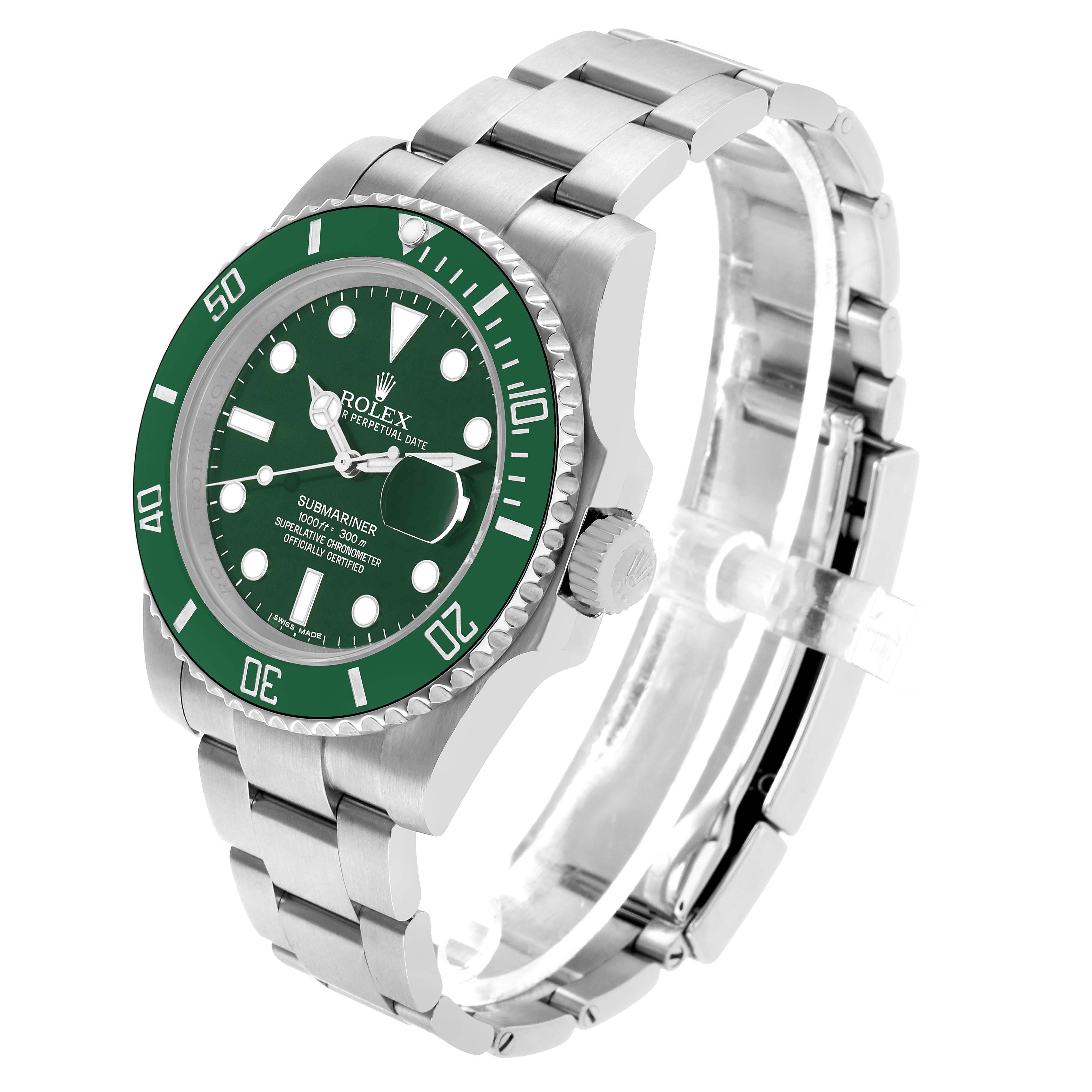 The image shows a Rolex Submariner 116610LV Men's Stainless Steel Green Dial at a three-quarter angle, highlighting the green bezel, dial, and bracelet.