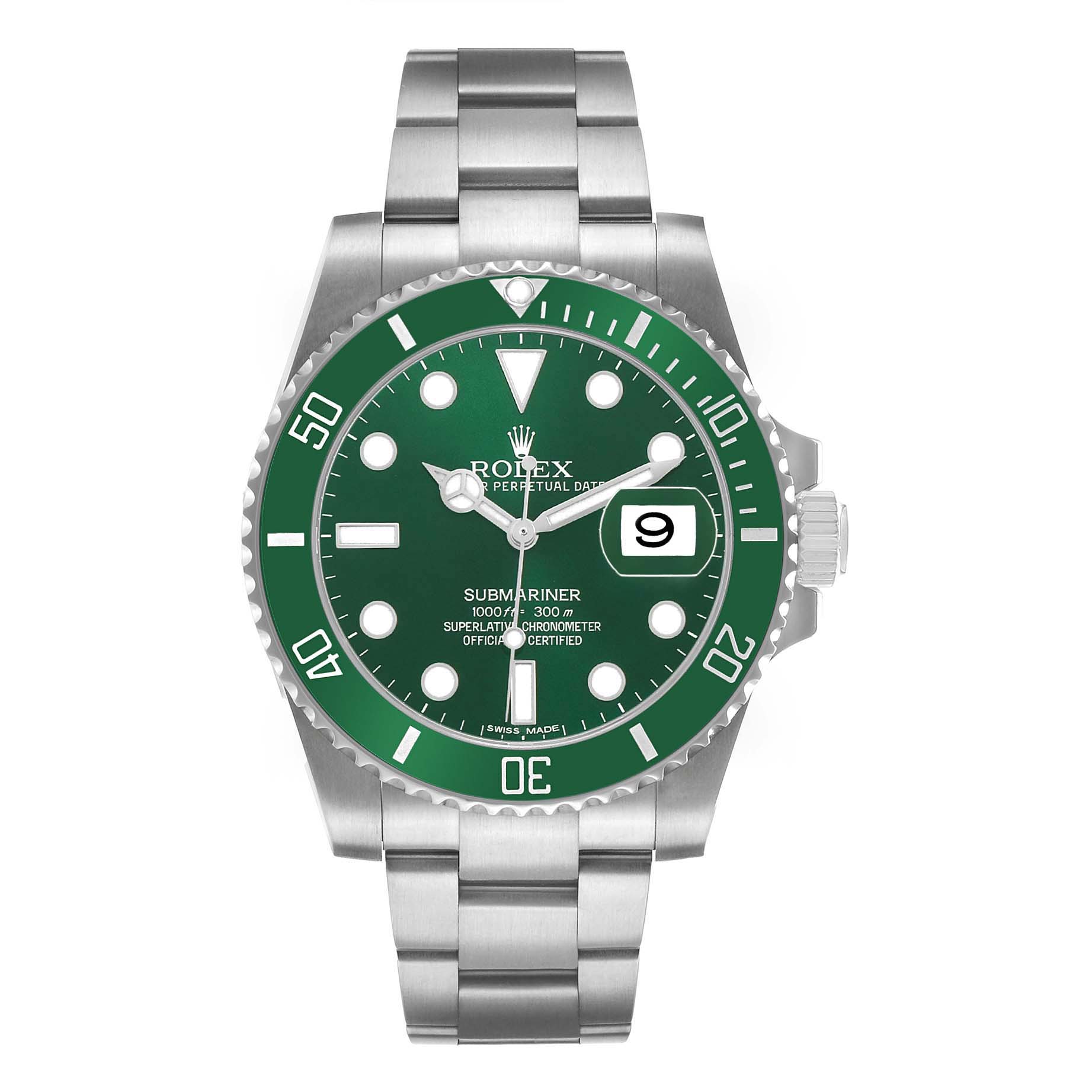 The Rolex Submariner 116610LV Men's Stainless Steel Green Dial watch is shown from a front view, displaying the green dial, bezel, bracelet, and date window.