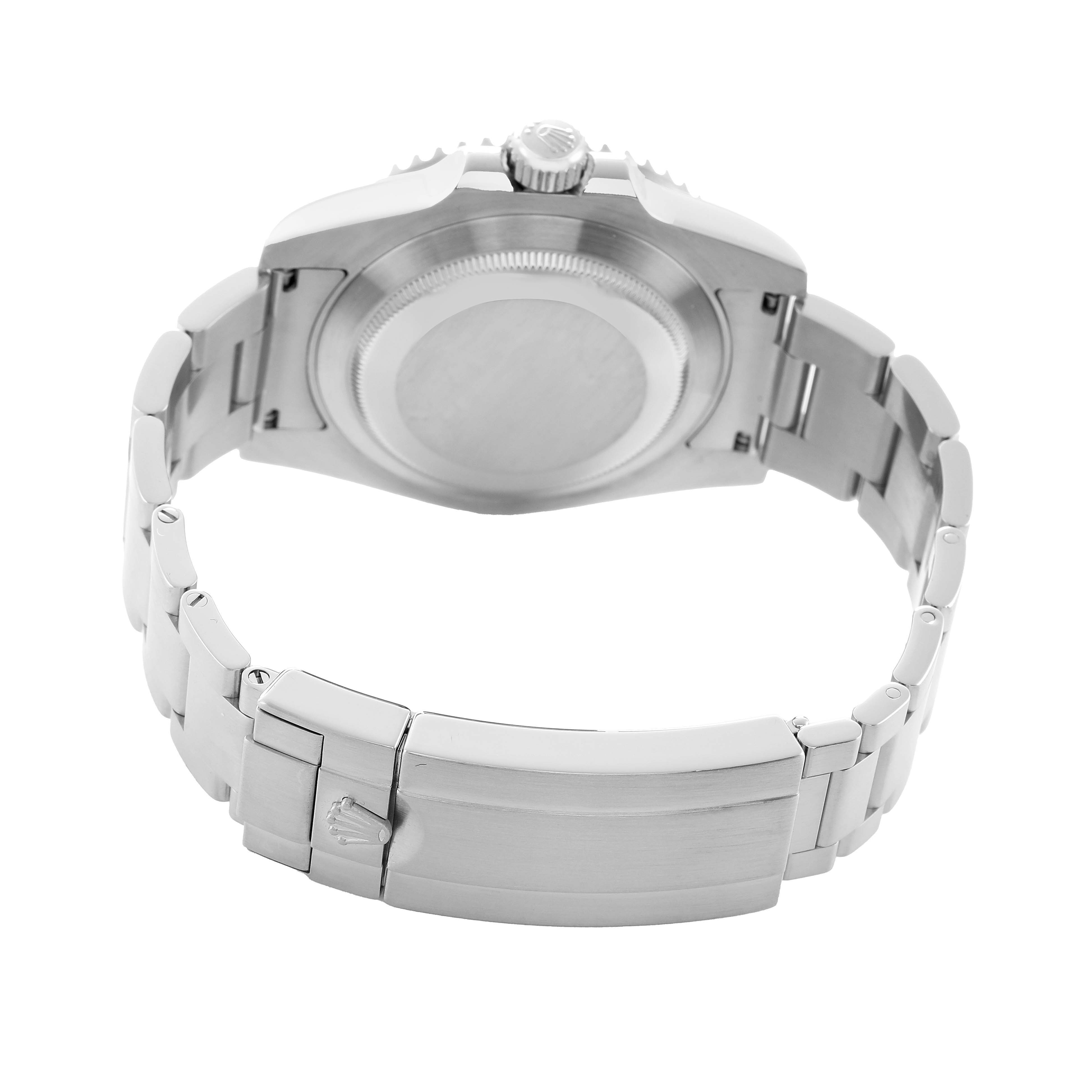 The image shows a rear view of a Rolex Submariner 116610LV Men's Stainless Steel Green Dial watch, highlighting the case back, crown, and bracelet clasp.