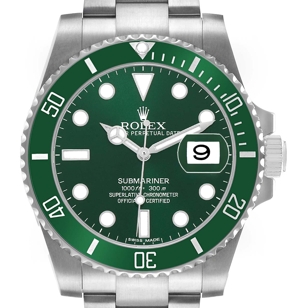The Rolex Submariner 116610LV Men's Stainless Steel Green Dial is shown from the front, displaying the dial, bezel, crown, and bracelet.