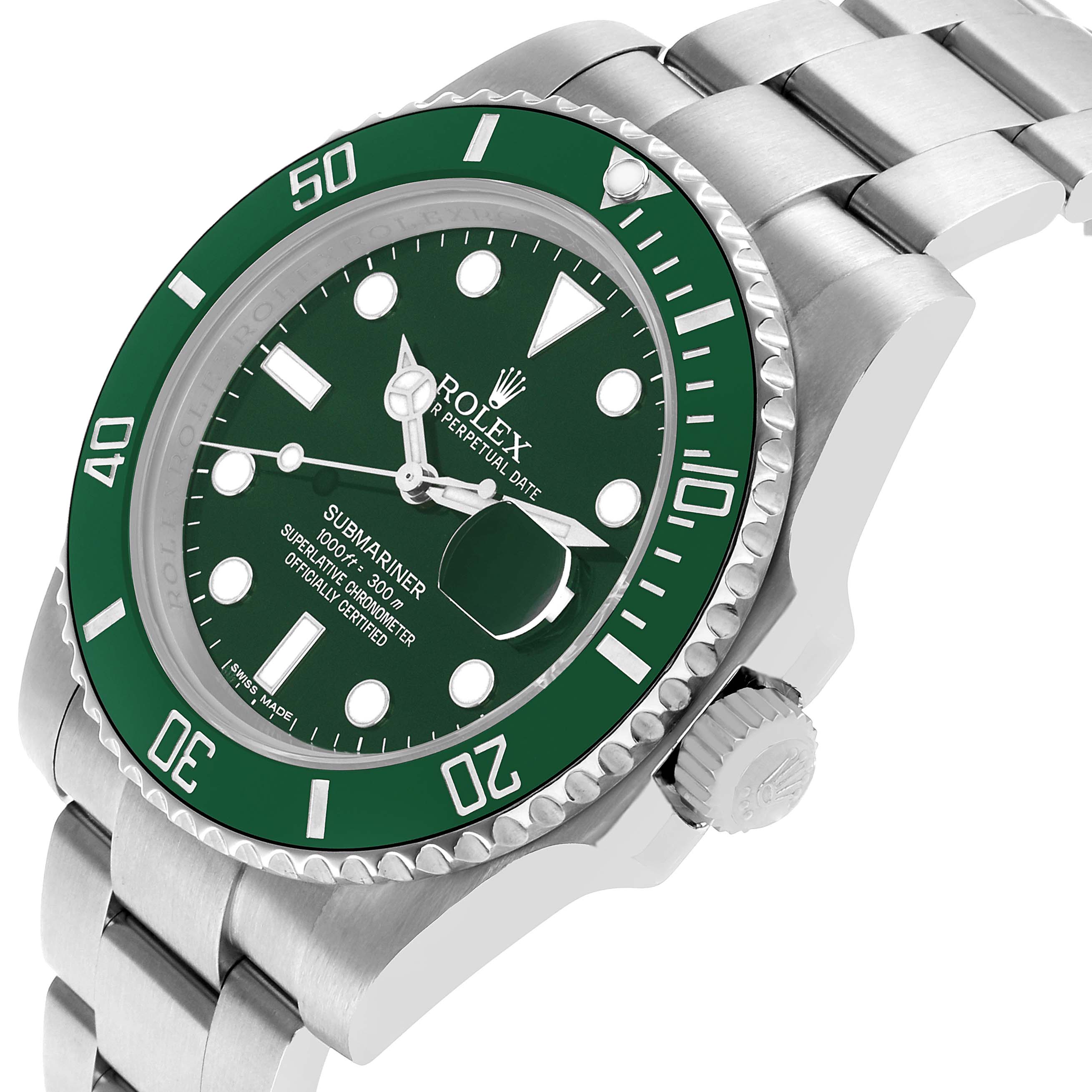 The Rolex Submariner 116610LV Men's Stainless Steel Green Dial watch is shown at an angled close-up, featuring the bezel, dial, crown, and part of the bracelet.