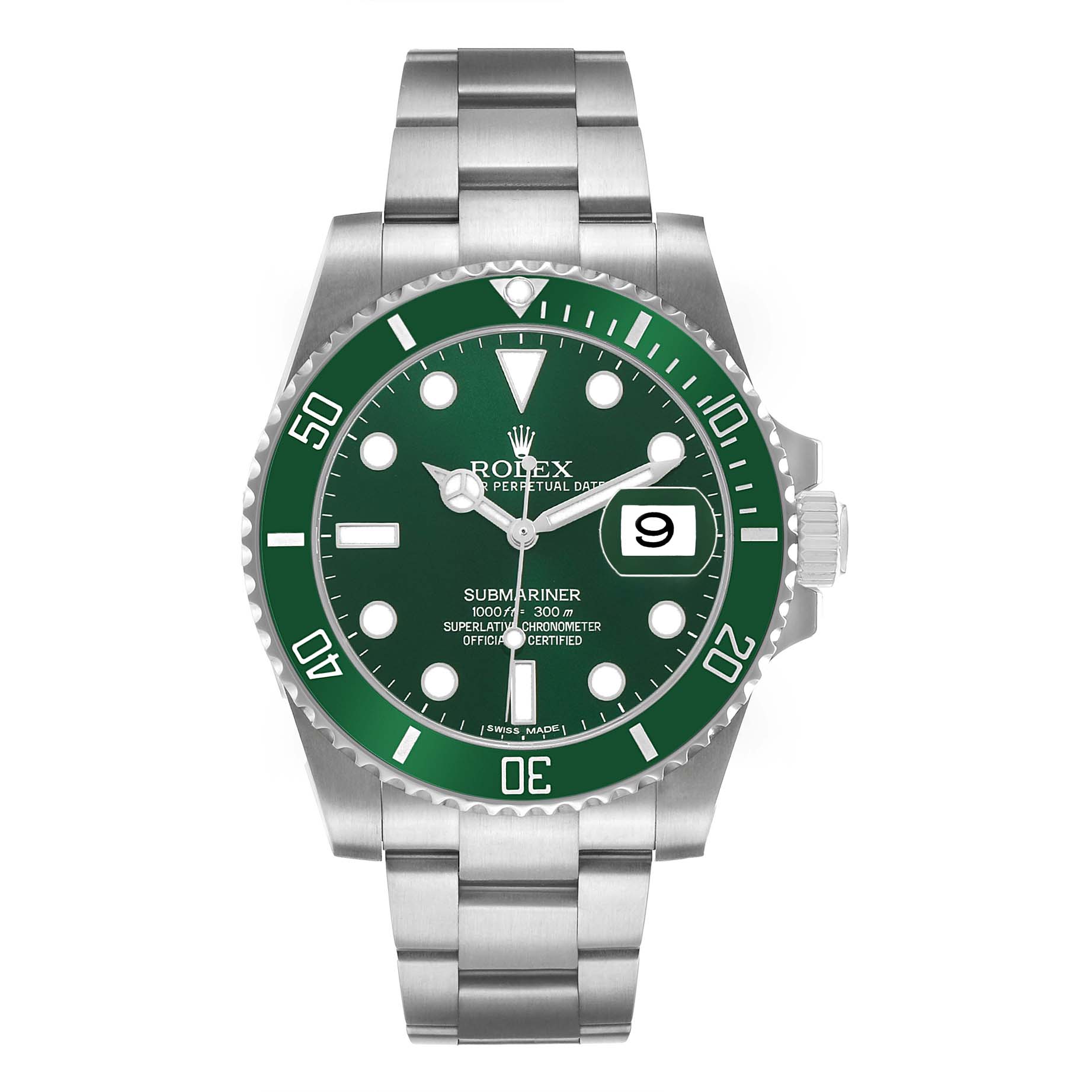 The image shows a front view of a Rolex Submariner 116610LV Men's Stainless Steel Green Dial watch, highlighting the dial, bezel, crown, and bracelet.