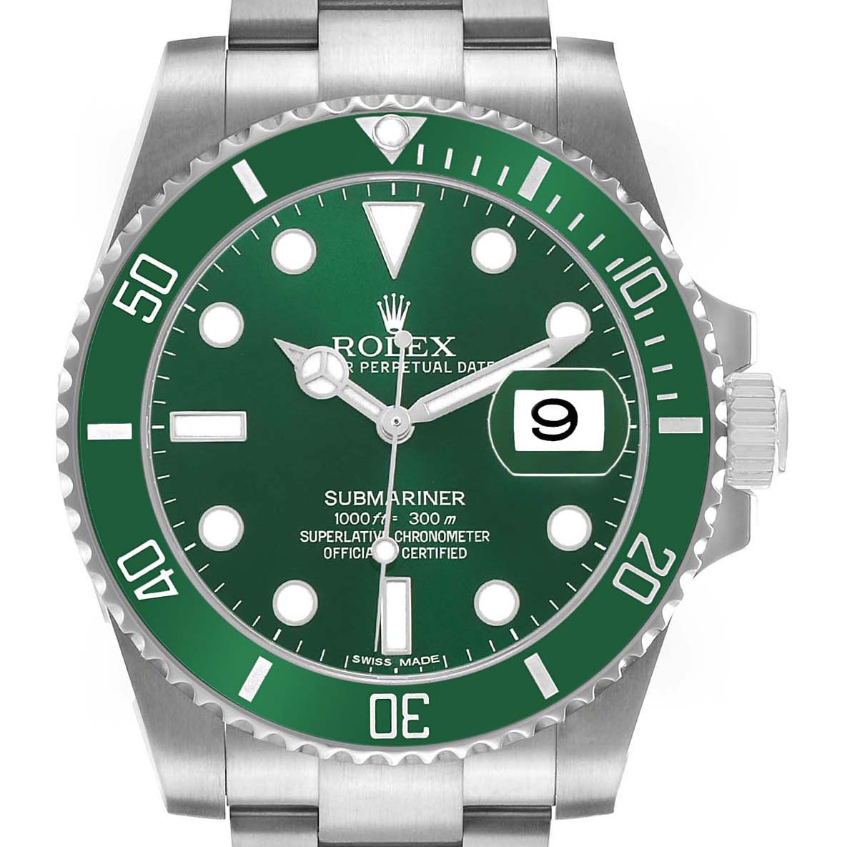 The image shows a frontal view of a Rolex Submariner 116610LV Men's Stainless Steel Green Dial watch, highlighting the green dial, bezel, and bracelet.