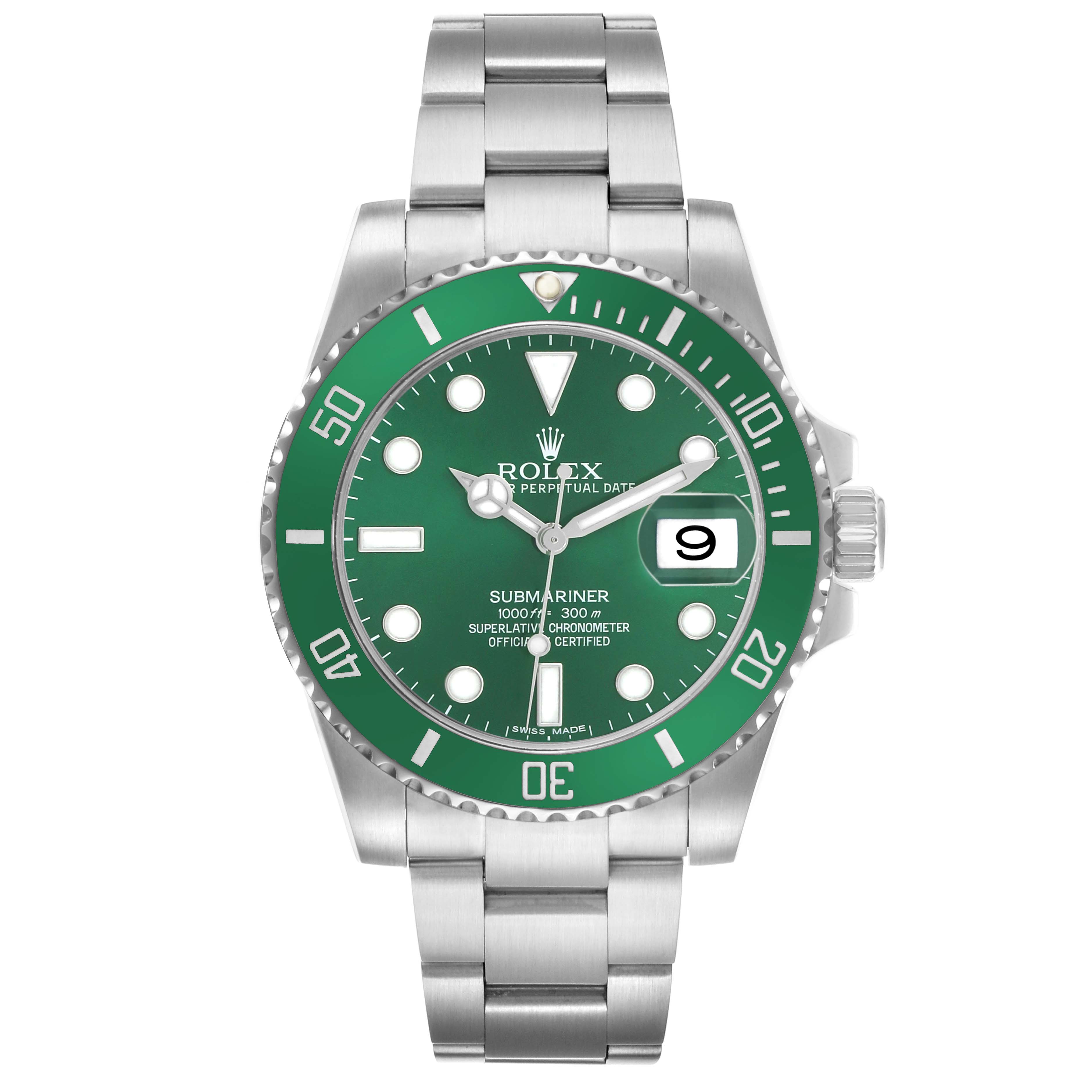 The Rolex Submariner 116610LV Men's Stainless Steel Green Dial is shown from a front angle, displaying the dial, bezel, bracelet, and date window.