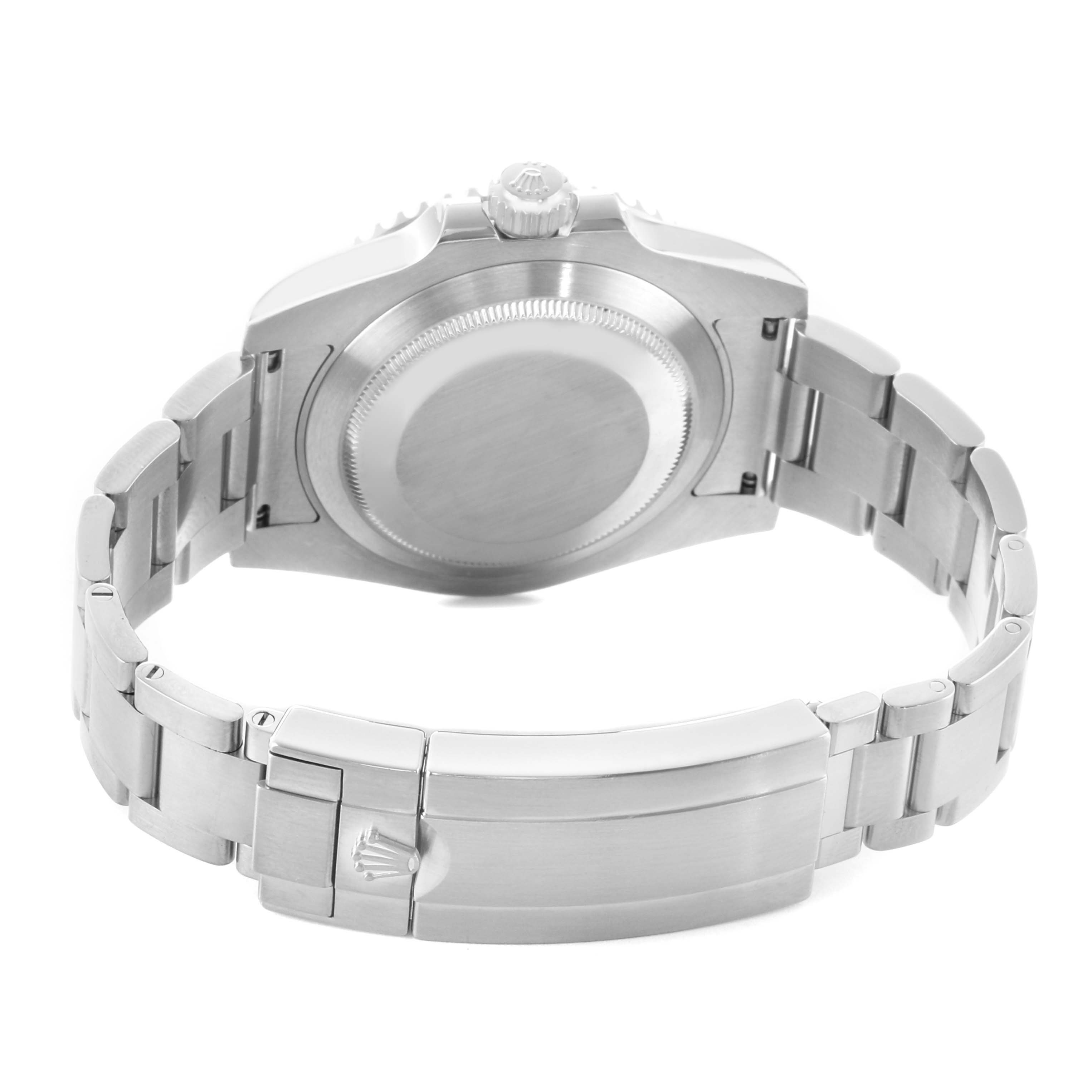 The image shows the back view of a Rolex Submariner 116610LV Men's Stainless Steel Green Dial watch, highlighting its case back, bracelet, and clasp.