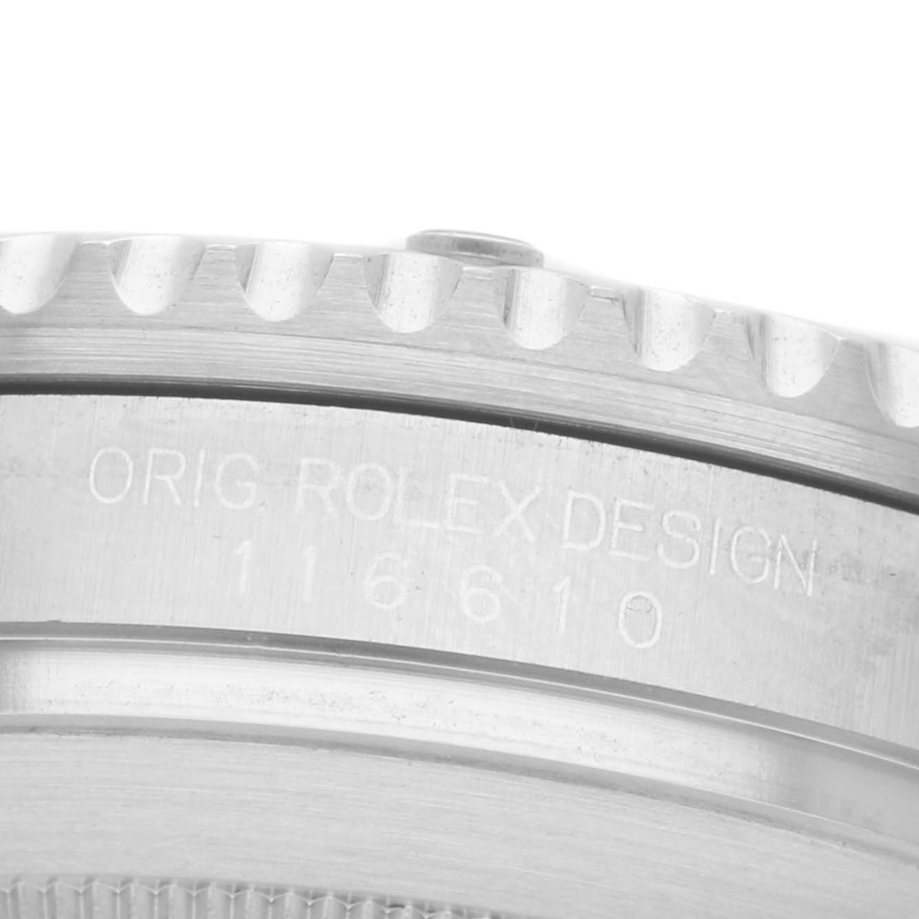 The image shows a close-up side view of the bezel and case edge of a Rolex Submariner 116610LV Men's Stainless Steel Green Dial, with "Orig. Rolex Design" and the model number engraved.