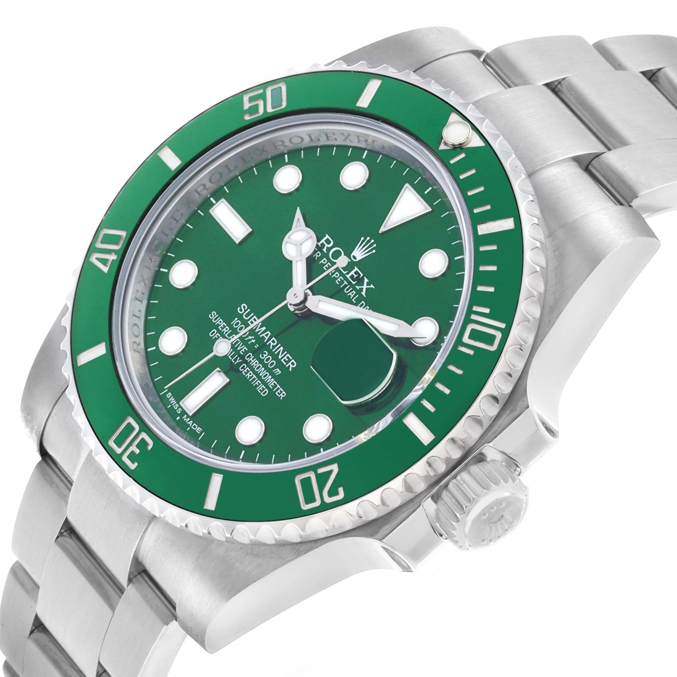 The Rolex Submariner 116610LV Men's Stainless Steel Green Dial watch is shown at a slight angle highlighting its green dial, bezel, crown, and bracelet.