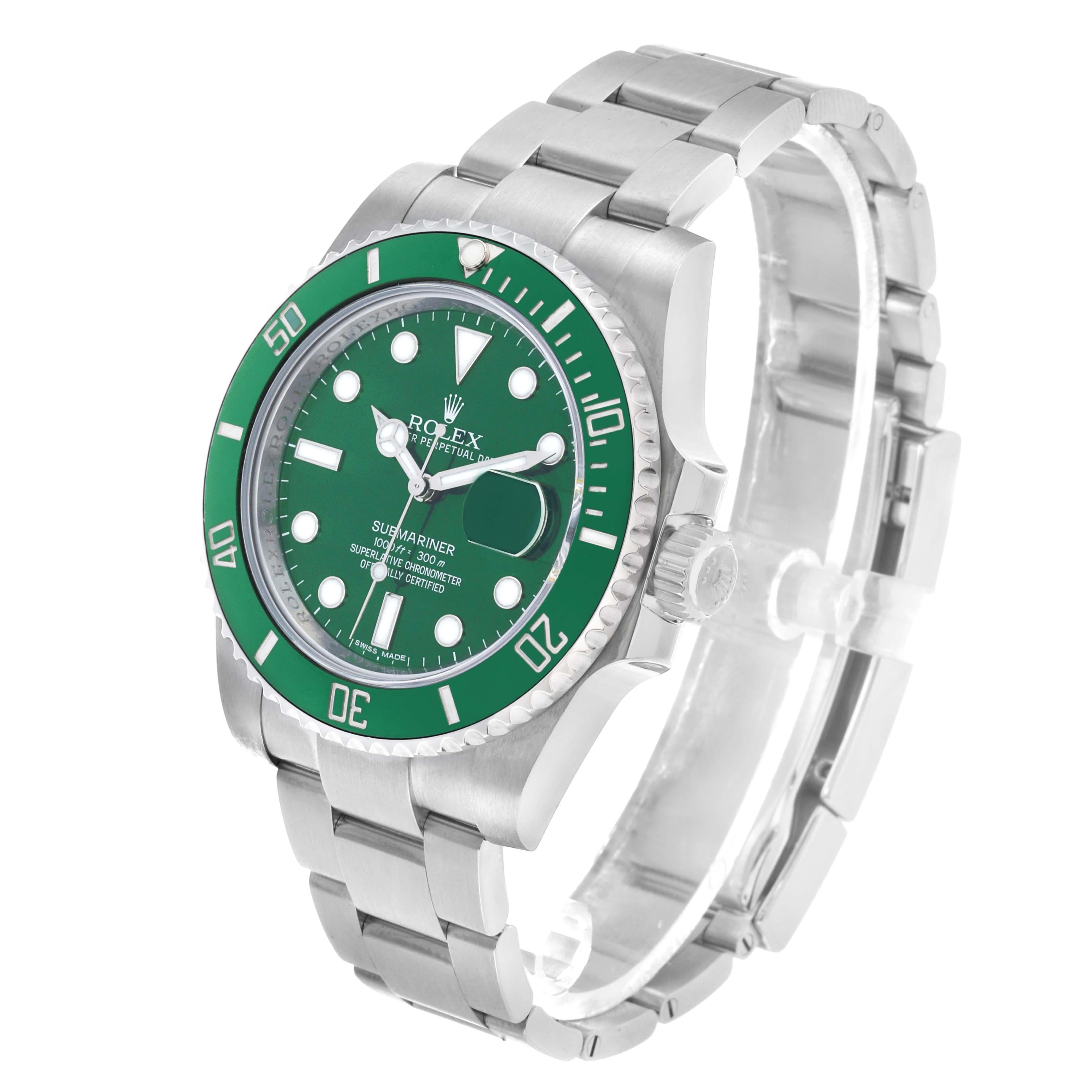 The Rolex Submariner 116610LV Men's Stainless Steel Green Dial watch is shown at a three-quarter angle, displaying the face, bezel, crown, and bracelet.