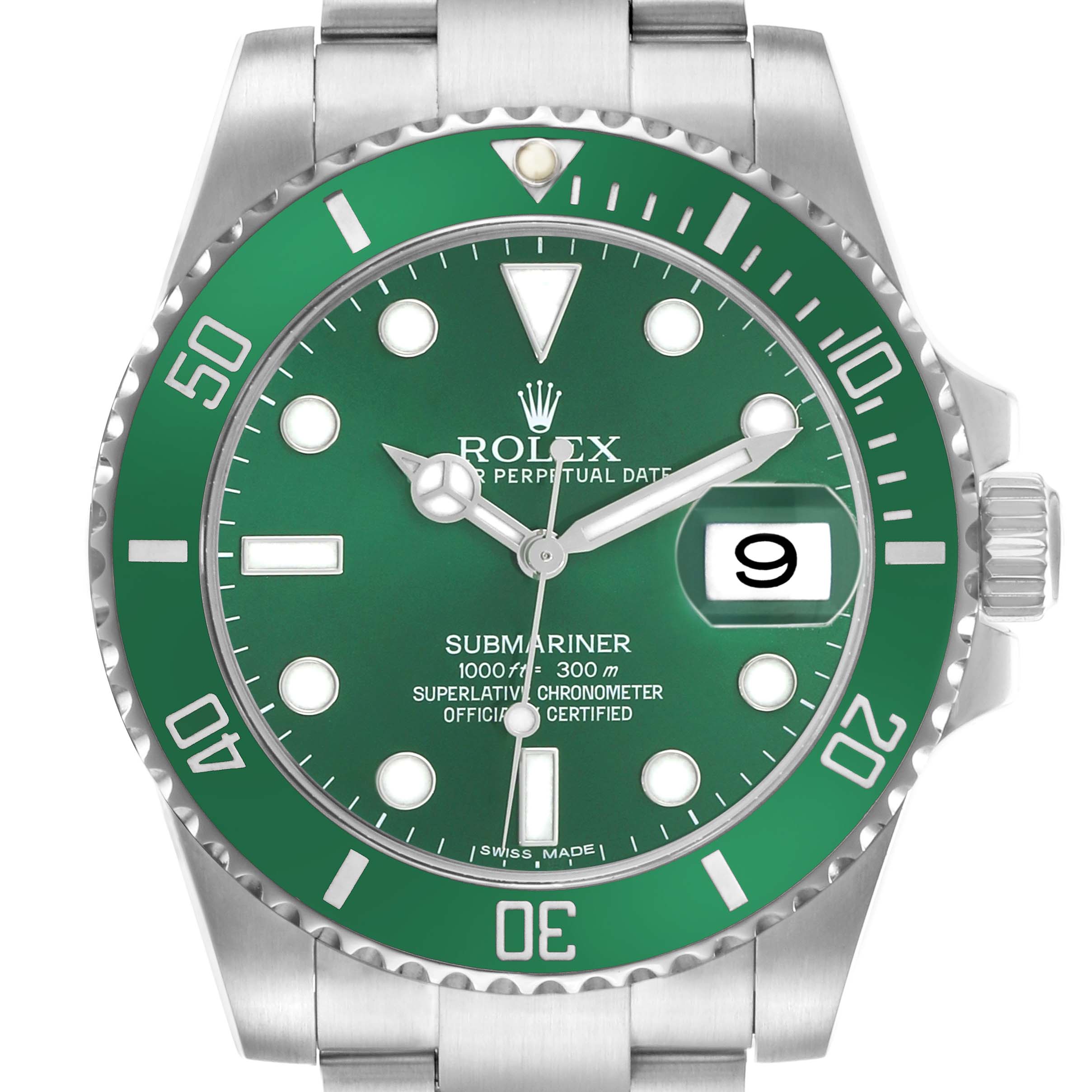 The Rolex Submariner 116610LV Men's Stainless Steel Green Dial watch is shown from a frontal angle, displaying the green bezel, dial, hands, markers, and date magnification.