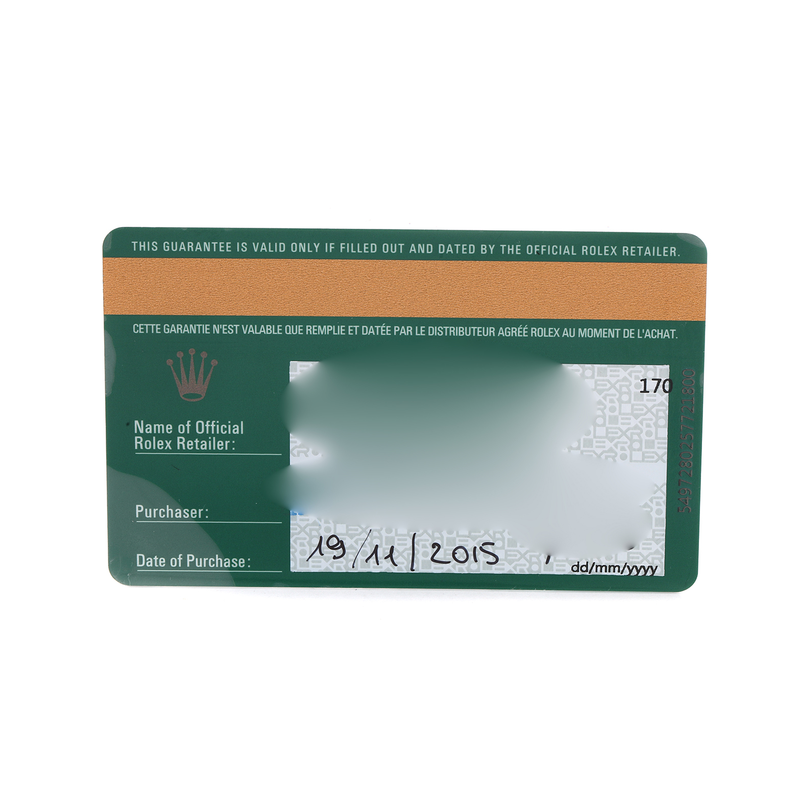 The image shows the warranty card for a Rolex Submariner 116610LV Men's Stainless Steel Green Dial watch, detailing retailer and purchase information.