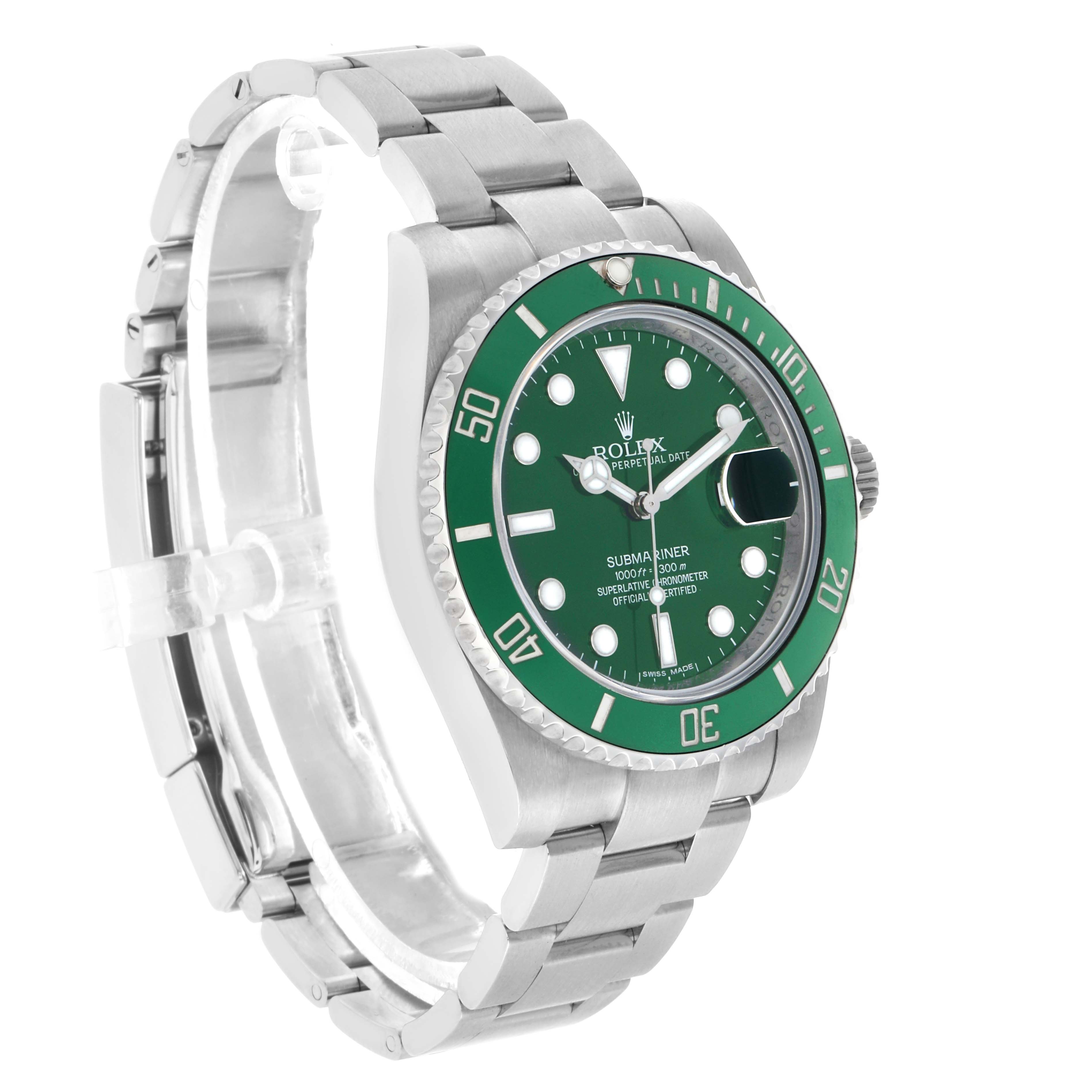 The Rolex Submariner 116610LV Men's Stainless Steel Green Dial is shown at a three-quarter angle, highlighting its green dial, bezel, case, and bracelet.