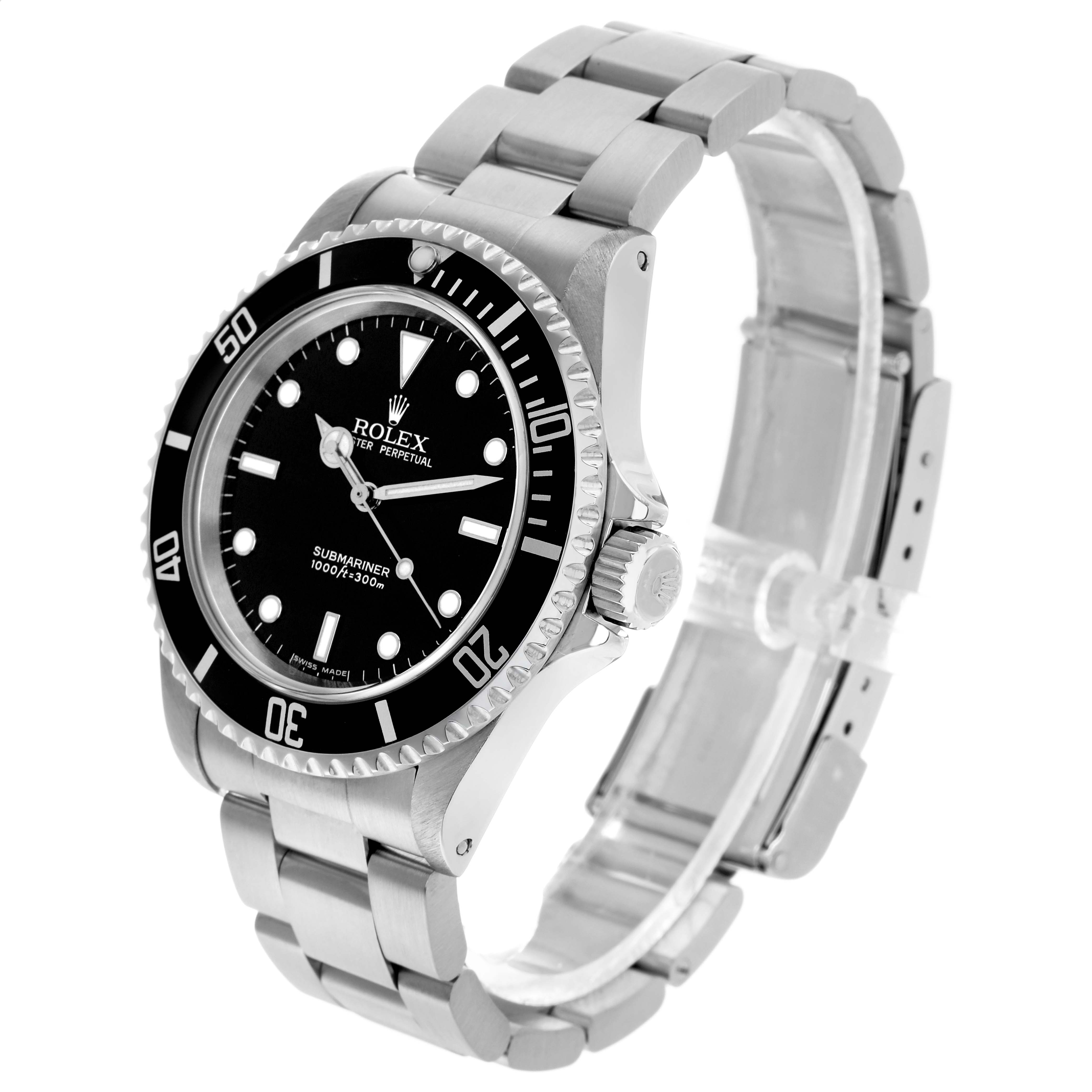 The Rolex Submariner 14060 Men's Stainless Steel Black Dial watch is shown at a slight angle, highlighting the bezel, dial, crown, and bracelet.