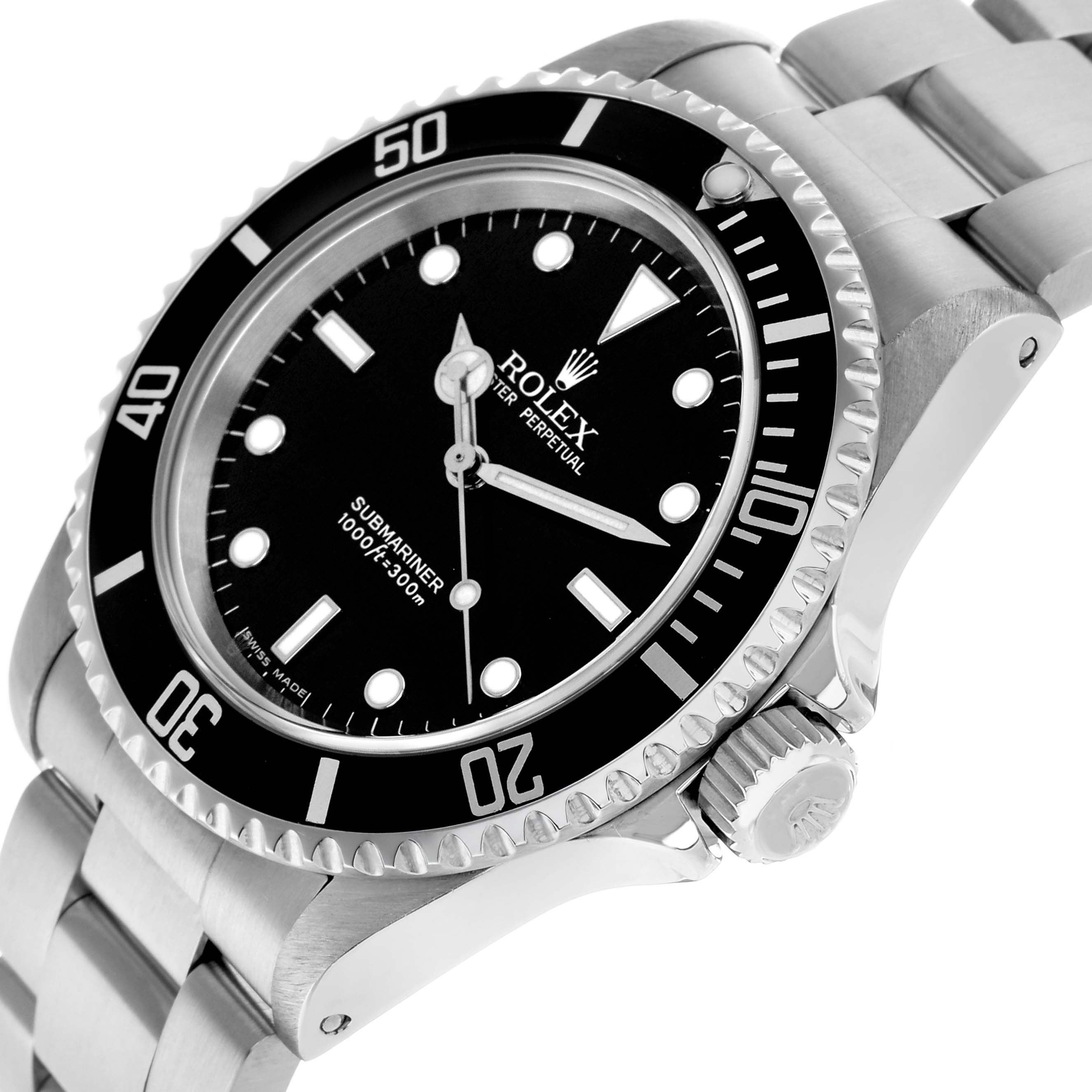 The Rolex Submariner 14060 Men's Stainless Steel Black Dial watch is shown at an angled view, highlighting the black dial, bezel, crown, and stainless steel bracelet.