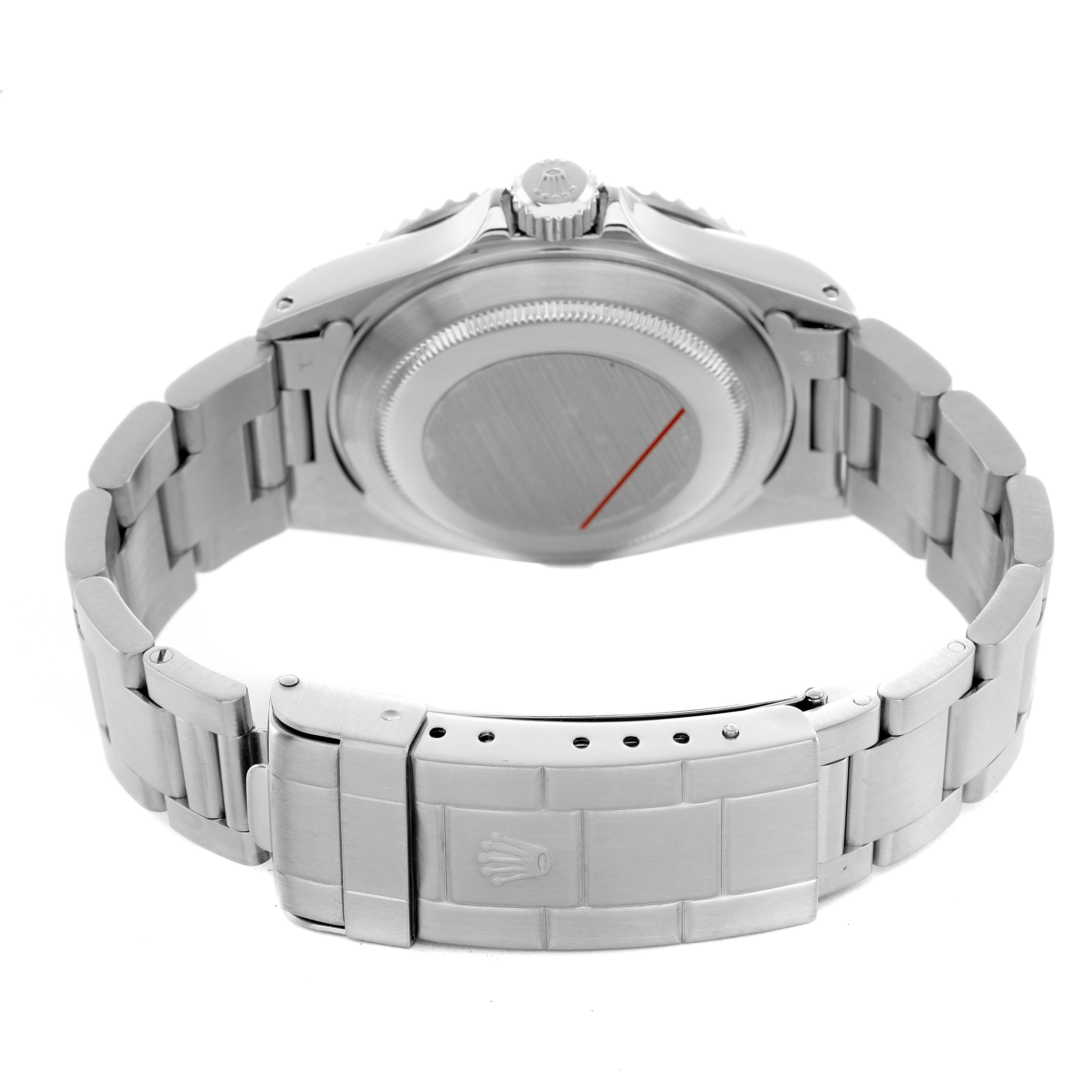 The image shows the back of the Rolex Submariner 14060 Men's Stainless Steel Black Dial, highlighting the clasp and bracelet.