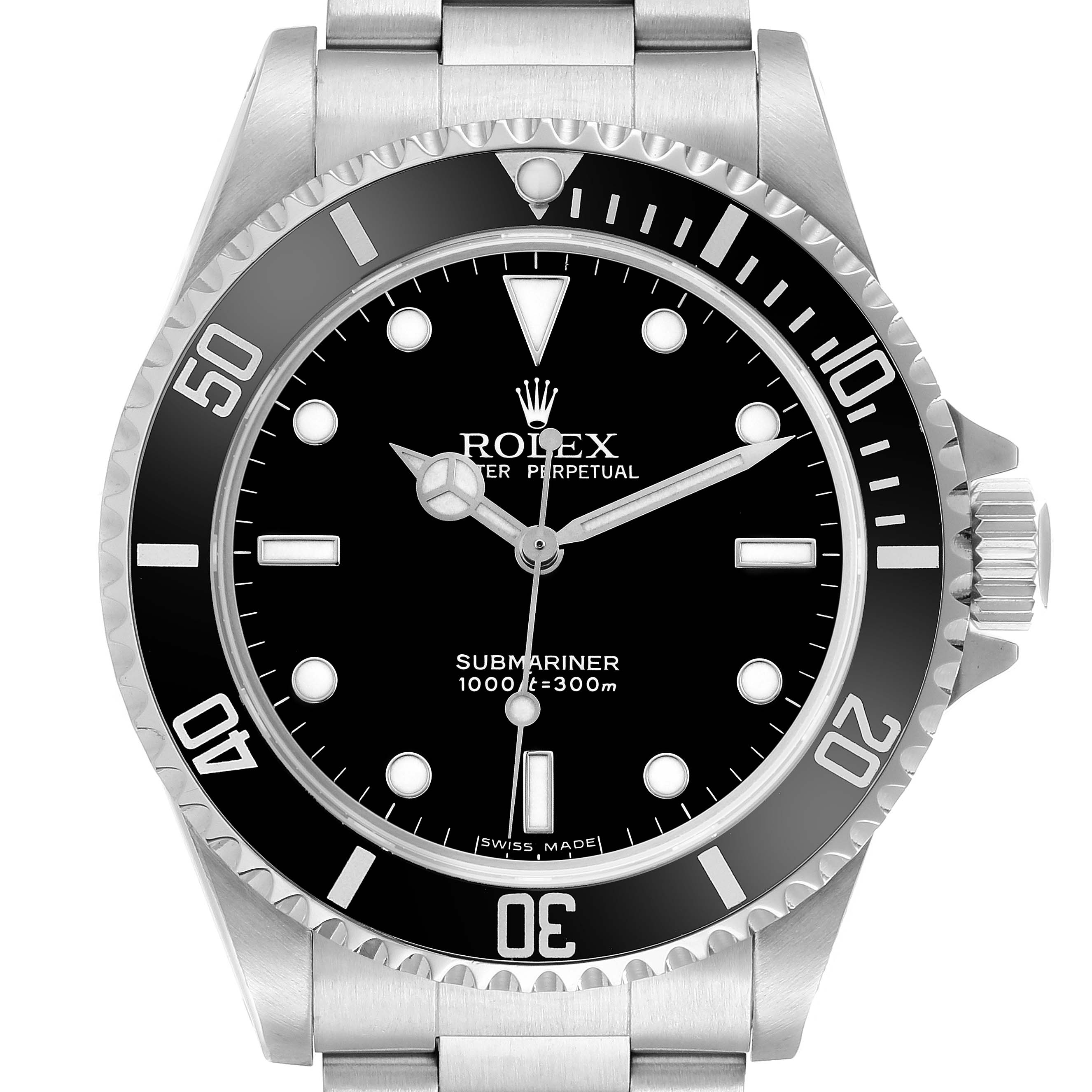 The Rolex Submariner 14060 Men's Stainless Steel Black Dial watch is shown from a front angle, displaying the bezel, dial, and bracelet.