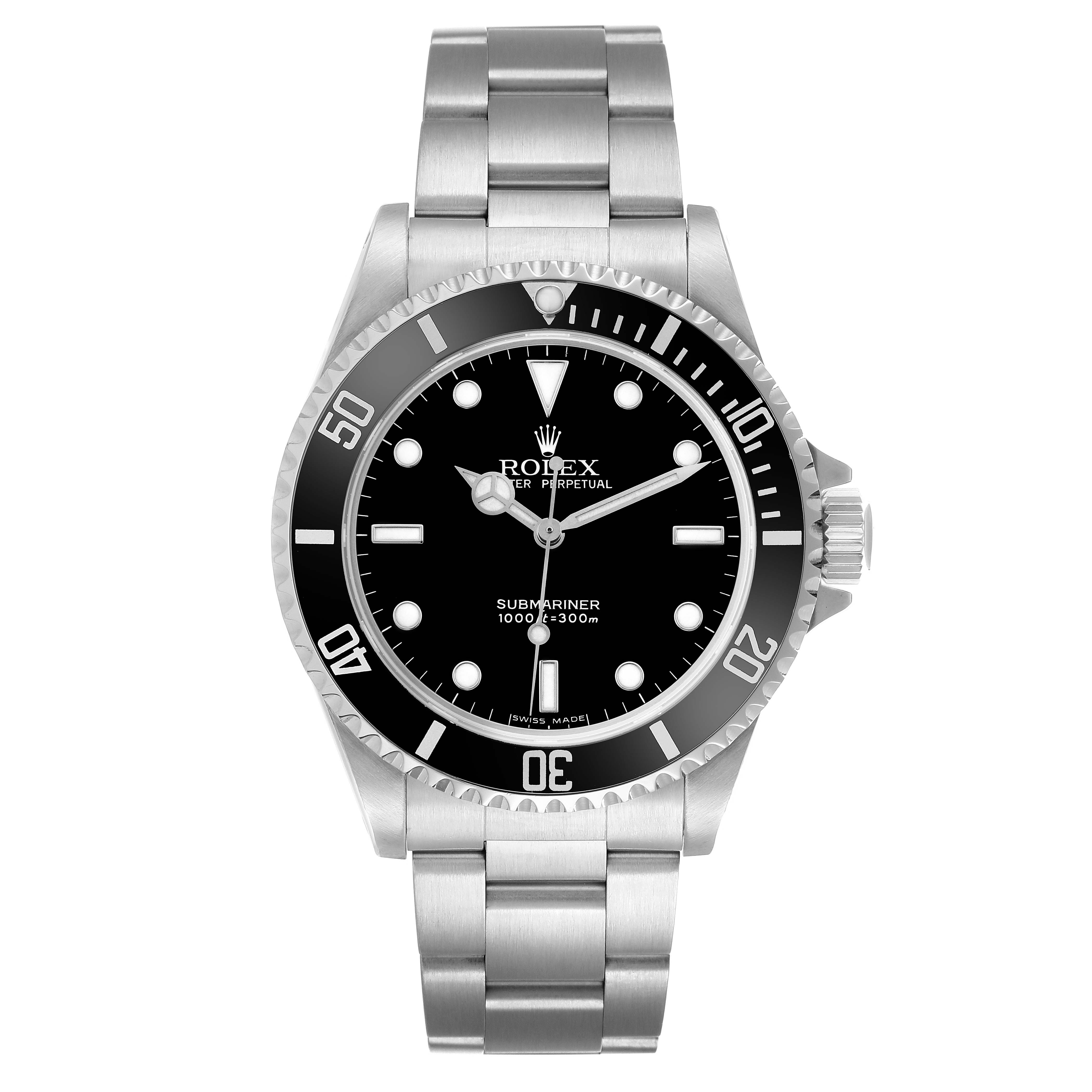 The Rolex Submariner 14060 Men's Stainless Steel Black Dial watch is shown from the front, displaying the dial, bezel, and stainless steel bracelet.